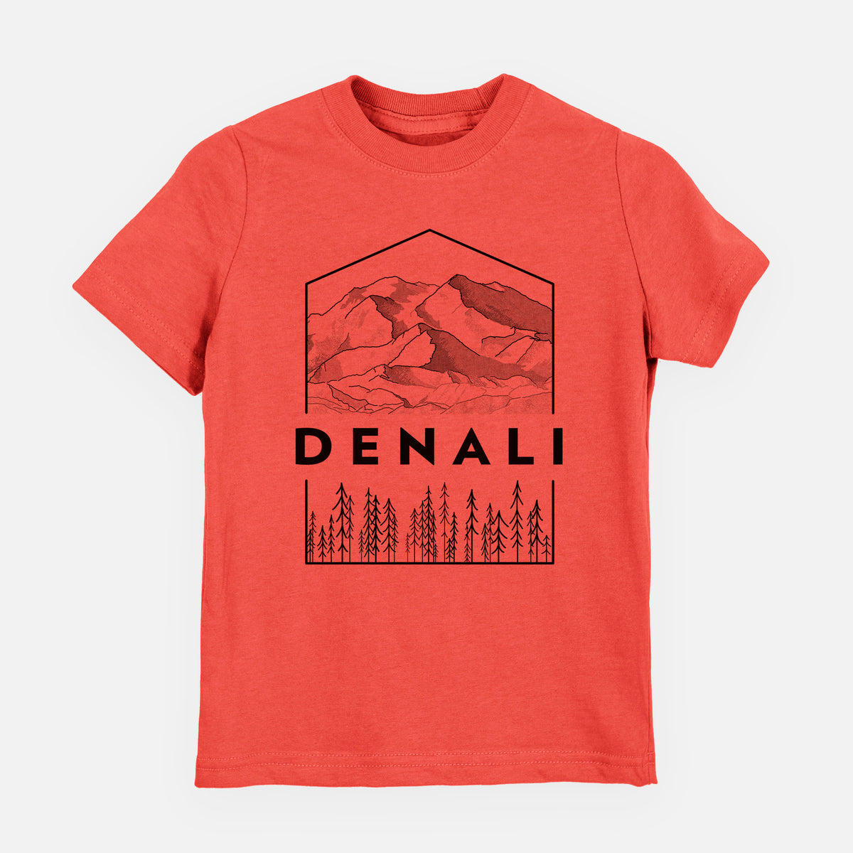 Passionfruit pink youth t-shirt laid flat, printed with a black line art badge of the Denali mountain range above pine trees, with the word Denali.