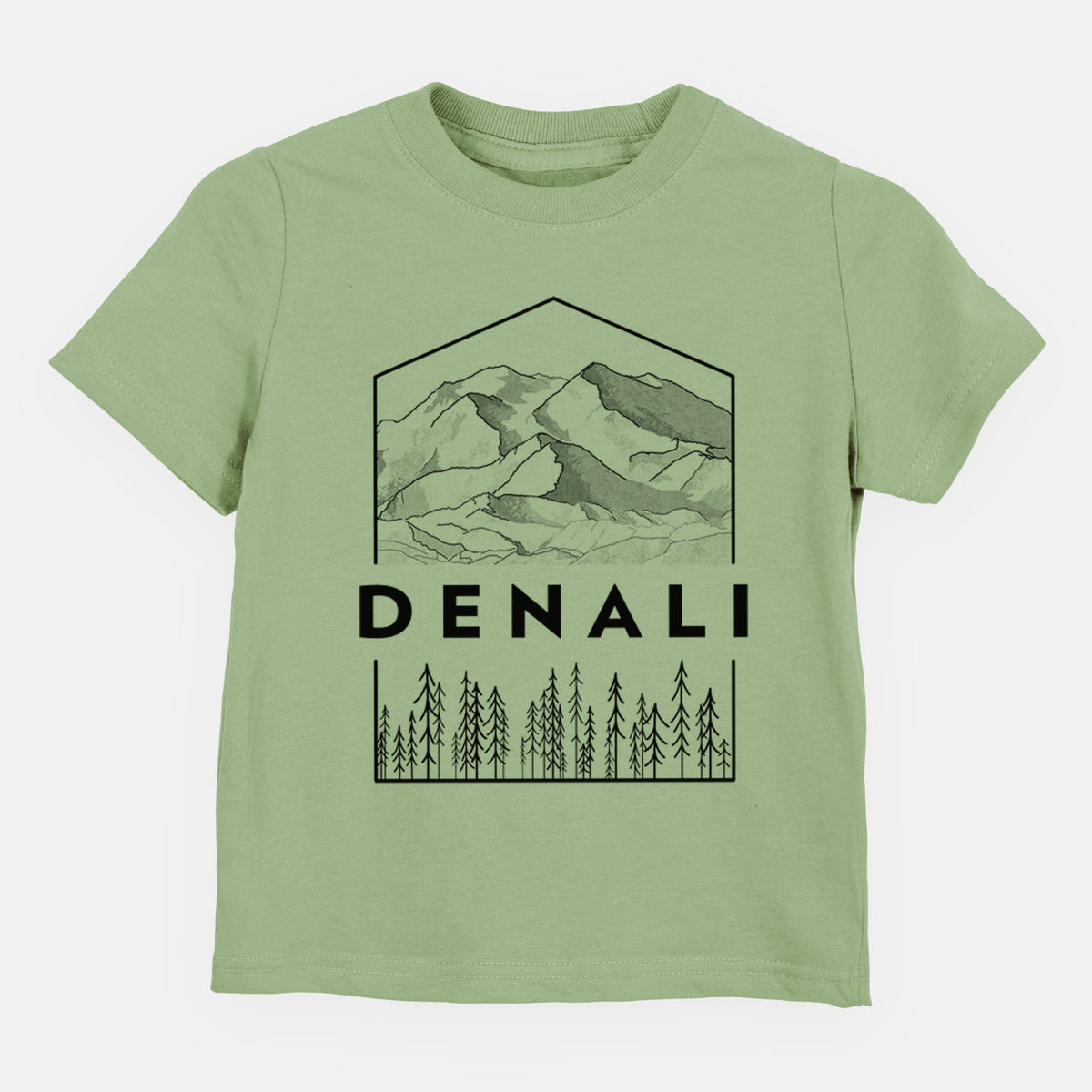 Sage green toddler t-shirt laid flat, printed with a black line art badge of the Denali mountain range above pine trees, with the word Denali.