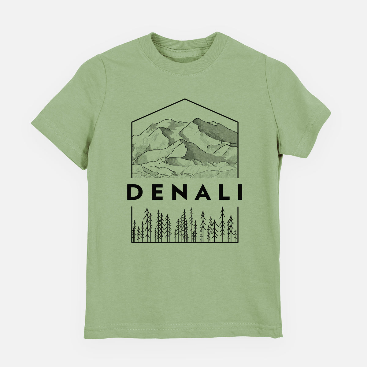 Sage green youth t-shirt laid flat, printed with a black line art badge of the Denali mountain range above pine trees, with the word Denali.