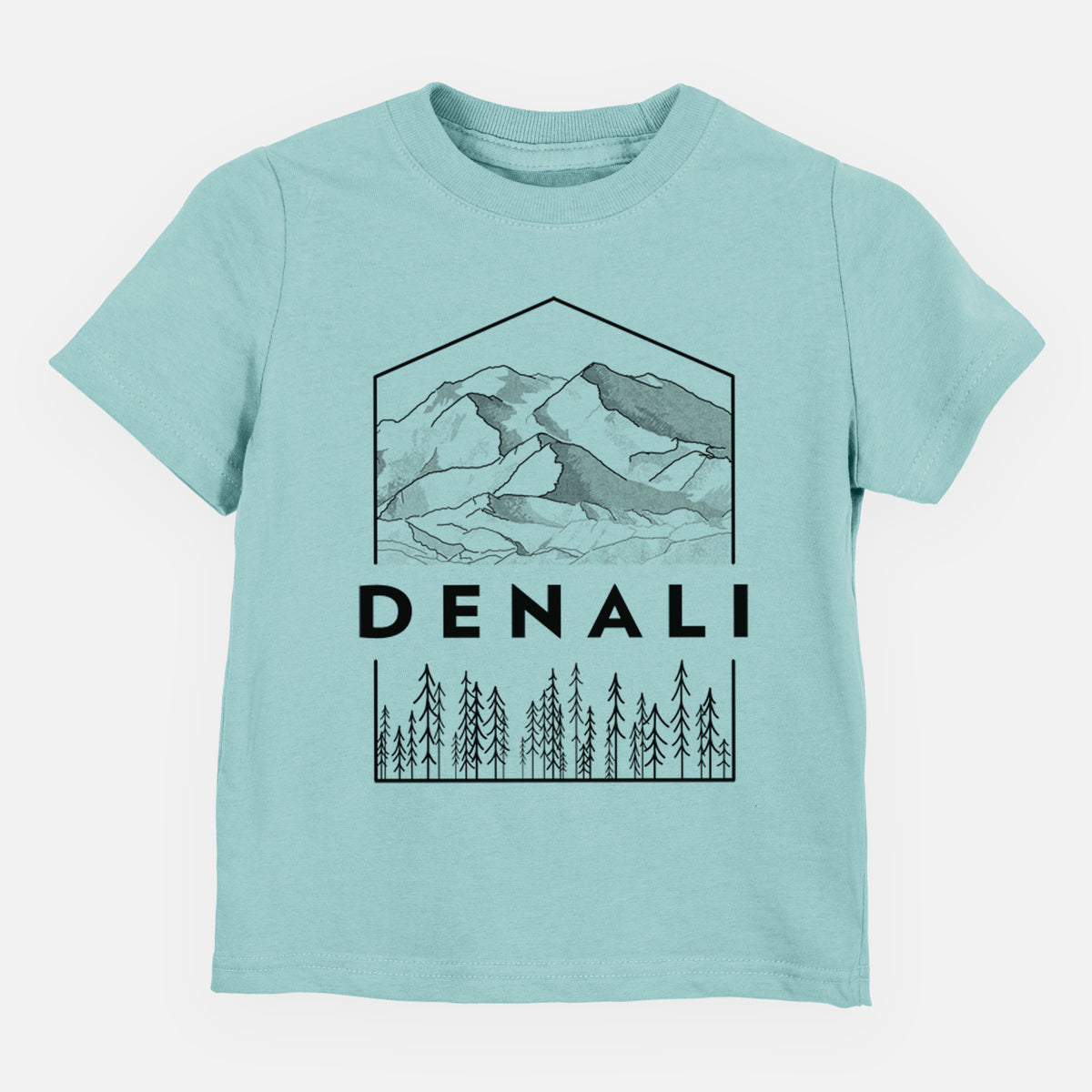 Saltwater toddler t-shirt laid flat, printed with a black line art badge of the Denali mountain range above pine trees, with the word Denali.