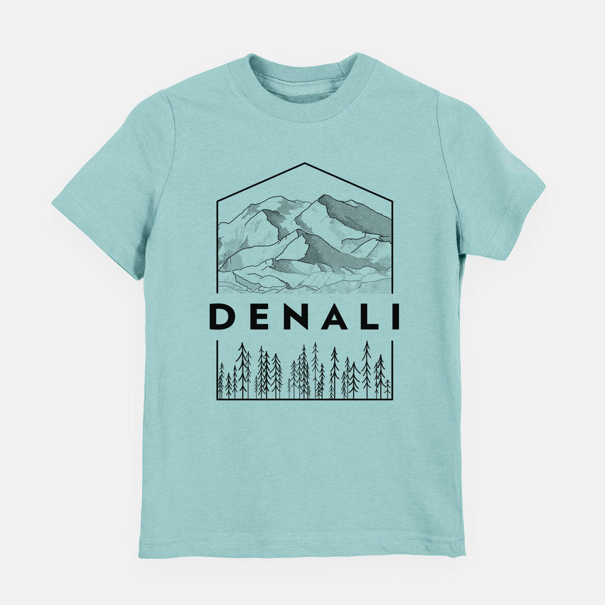 Saltwater youth t-shirt laid flat, printed with a black line art badge of the Denali mountain range above pine trees, with the word Denali.