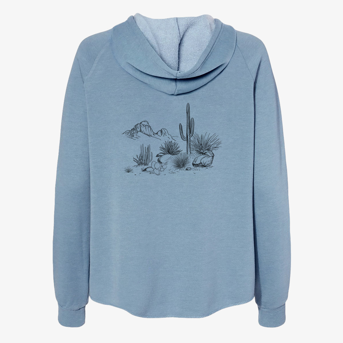 Misty blue women's Cali Wave zip-up sweatshirt laid flat, printed with a black ink desert scene with a saguaro cactus, agave, rocks and distant mountains.