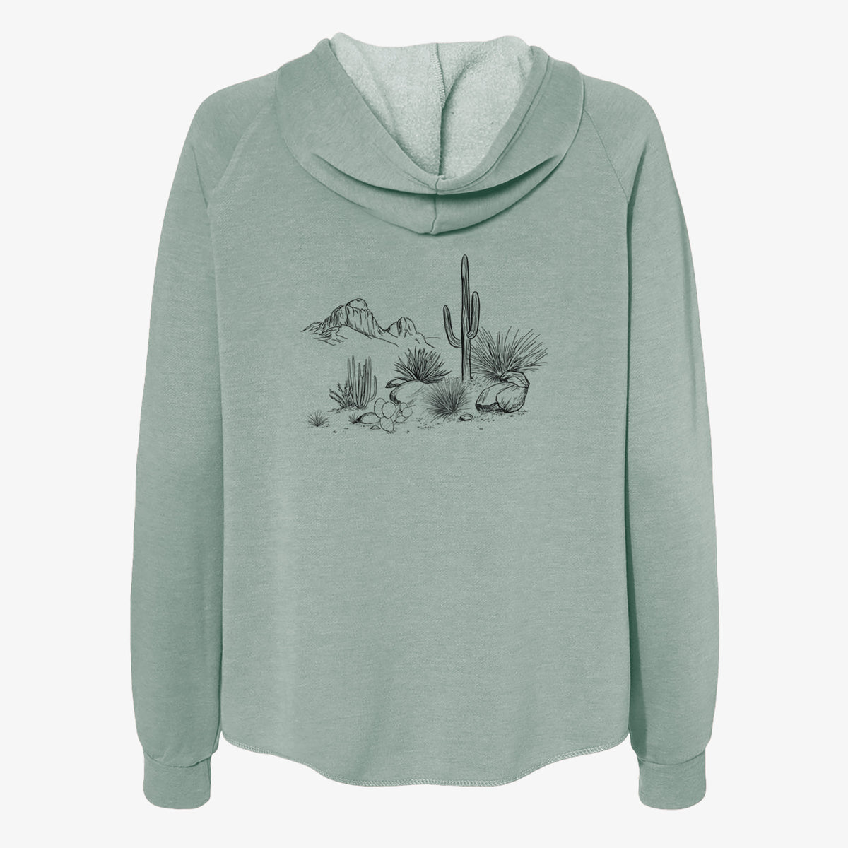 Sage green women's Cali Wave zip-up sweatshirt laid flat, printed with a black ink desert scene with a saguaro cactus, agave, rocks and distant mountains.