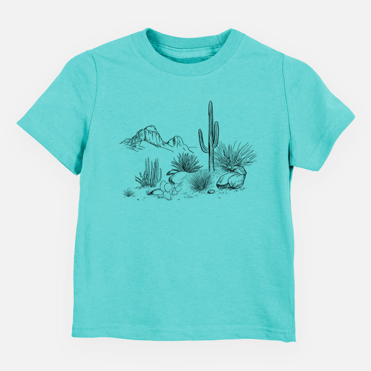 Caribbean blue toddler t-shirt laid flat, printed with a black ink desert scene with a saguaro cactus, agave, rocks and distant mountains.
