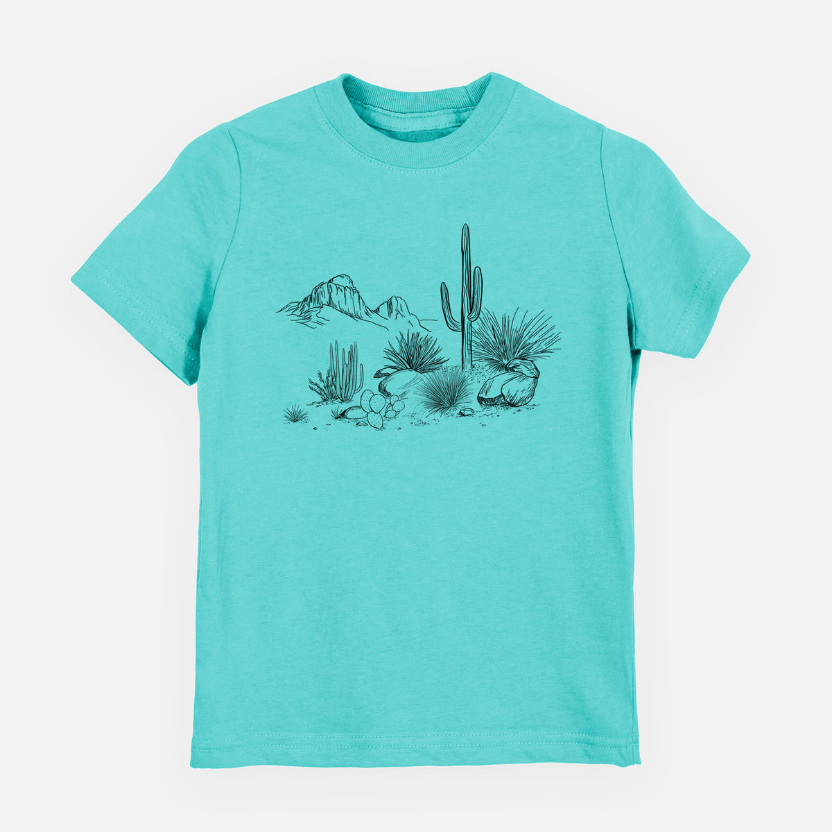 Caribbean blue youth t-shirt laid flat, printed with a black ink desert scene with a saguaro cactus, agave, rocks and distant mountains.