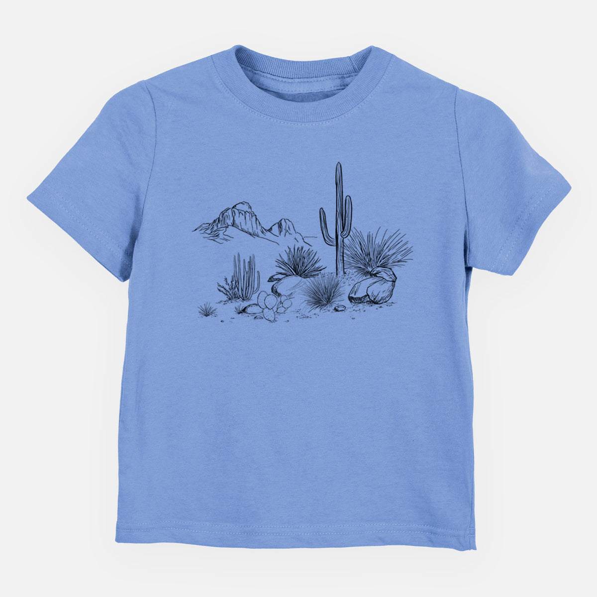 Carolina blue toddler t-shirt laid flat, printed with a black ink desert scene with a saguaro cactus, agave, rocks and distant mountains.