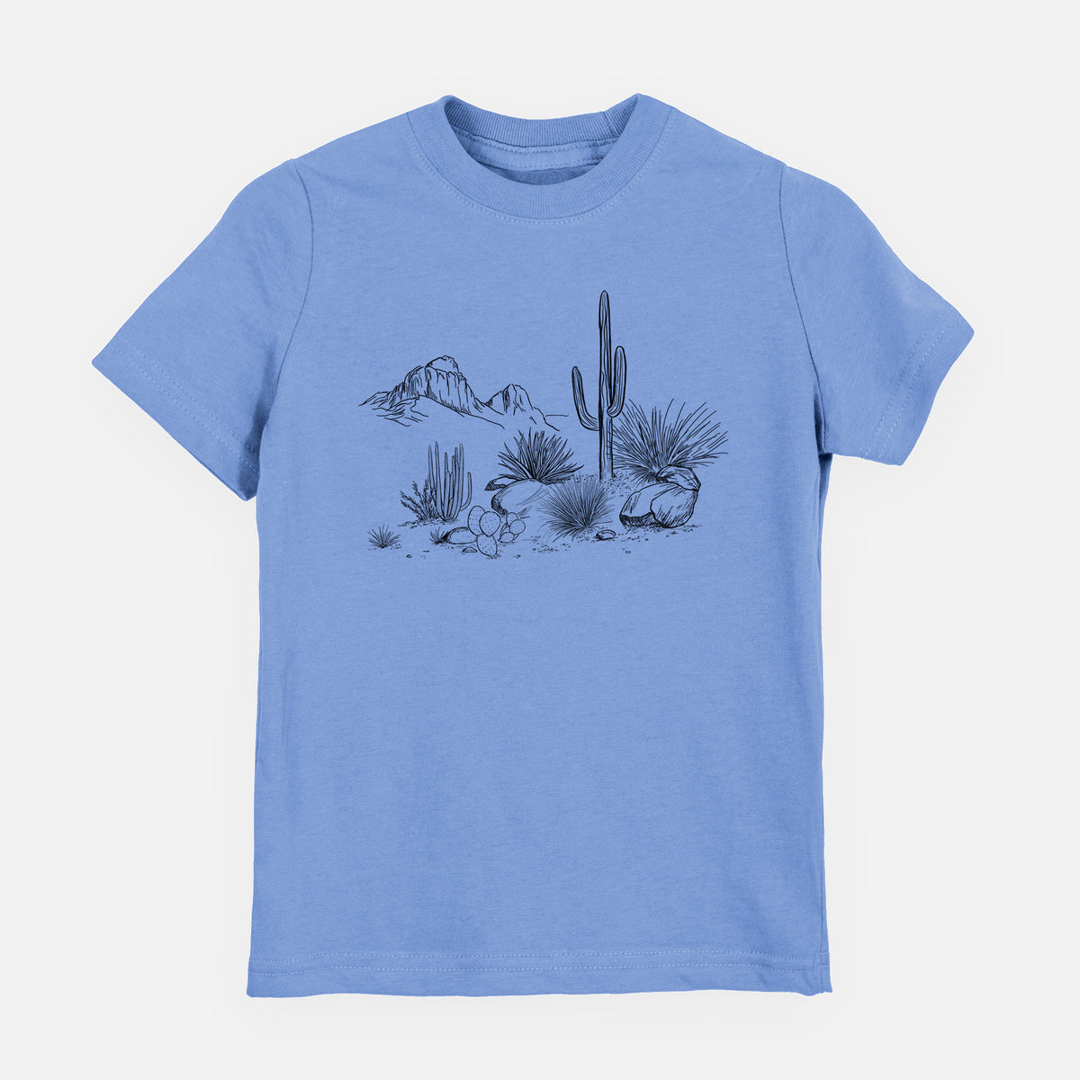 Carolina blue youth t-shirt laid flat, printed with a black ink desert scene with a saguaro cactus, agave, rocks and distant mountains.