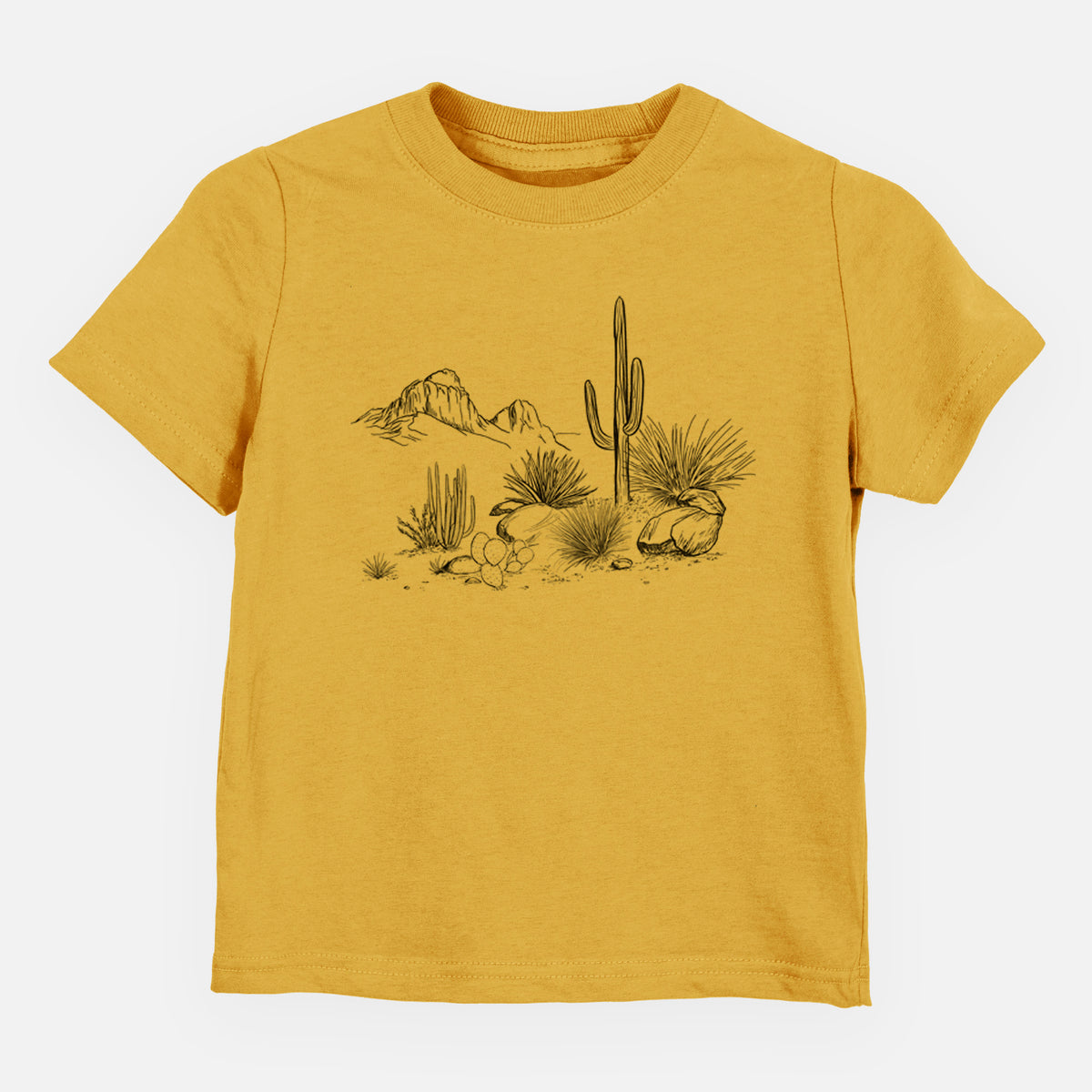 Honeycomb yellow toddler t-shirt laid flat, printed with a black ink desert scene with a saguaro cactus, agave, rocks and distant mountains.