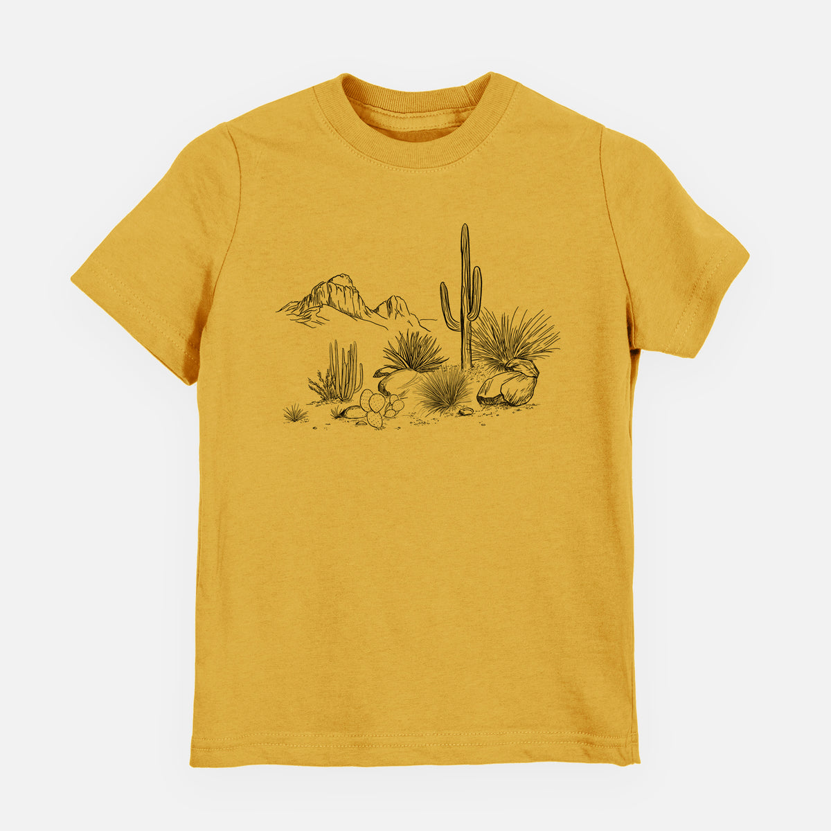 Honeycomb yellow youth t-shirt laid flat, printed with a black ink desert scene with a saguaro cactus, agave, rocks and distant mountains.
