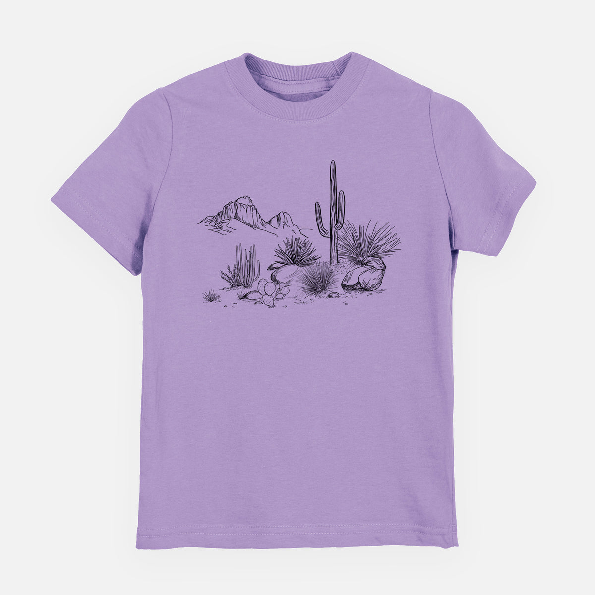 Lavender youth t-shirt laid flat, printed with a black ink desert scene with a saguaro cactus, agave, rocks and distant mountains.