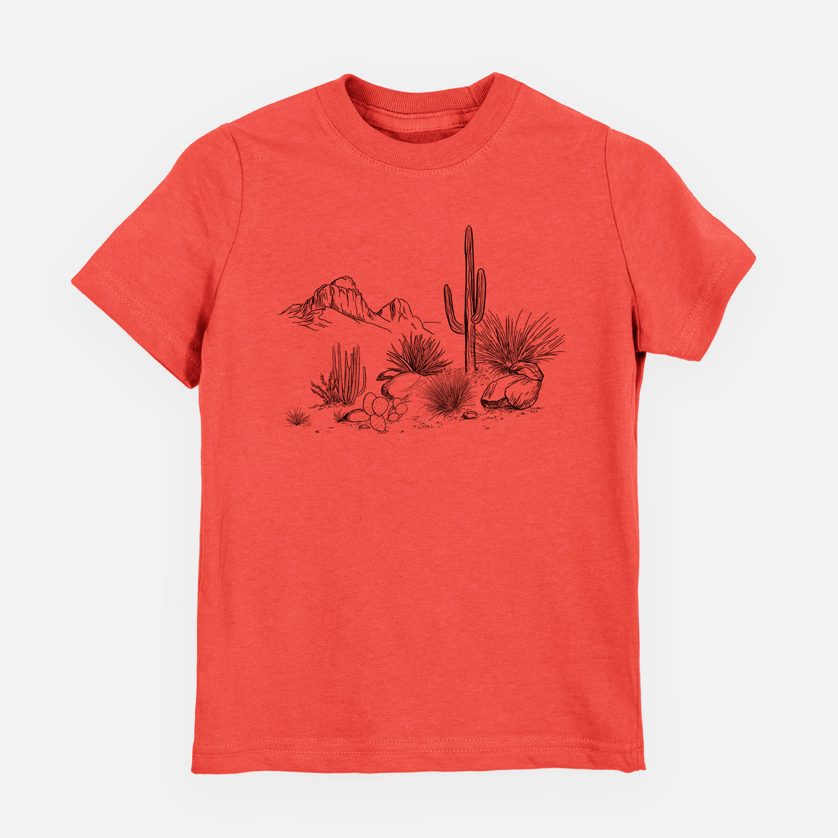 Passionfruit pink youth t-shirt laid flat, printed with a black ink desert scene with a saguaro cactus, agave, rocks and distant mountains.