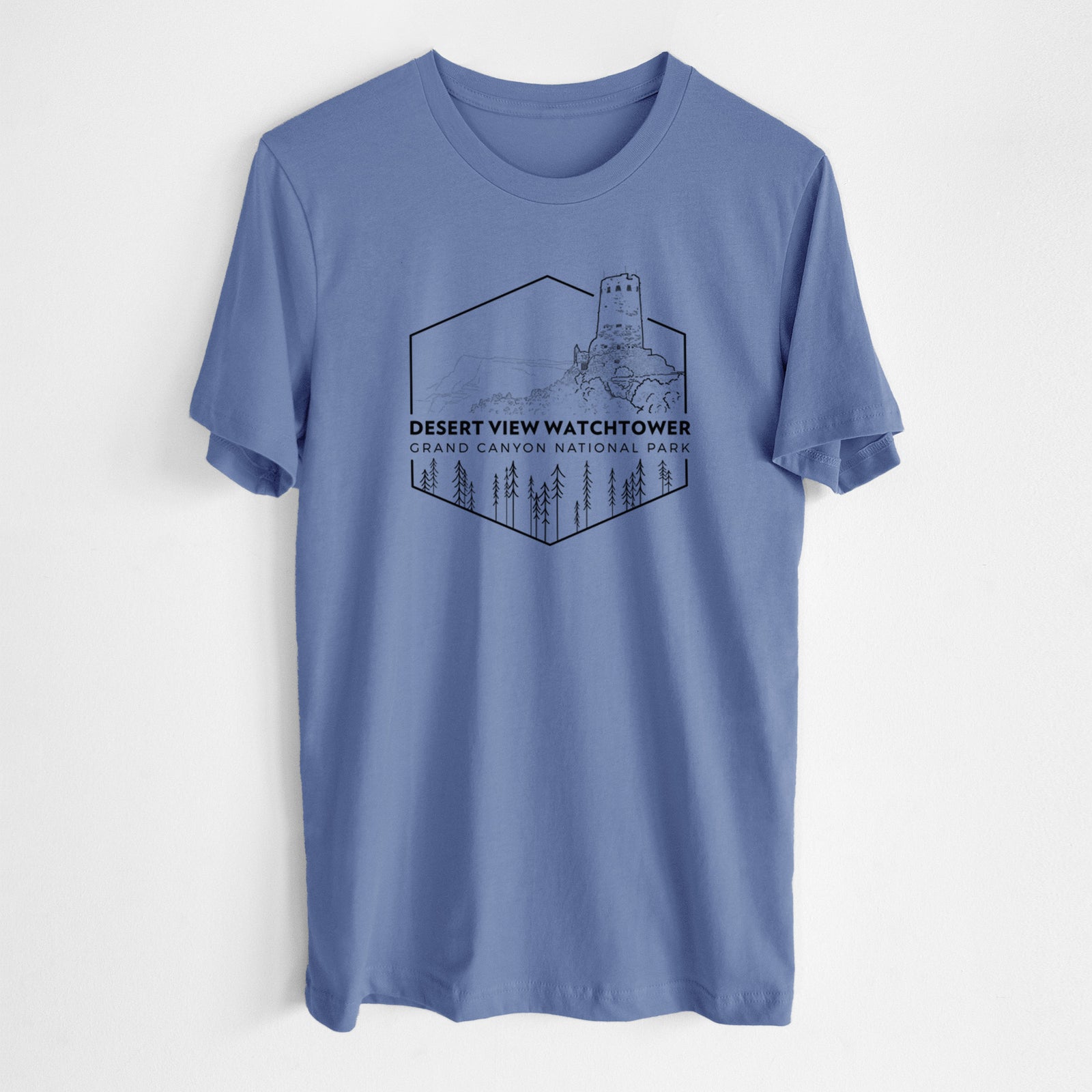 Blue bell lightweight cotton t-shirt laid flat, printed with a black line art badge of the Desert View Watchtower above pine trees, with the words Desert View Watchtower, Grand Canyon National Park.