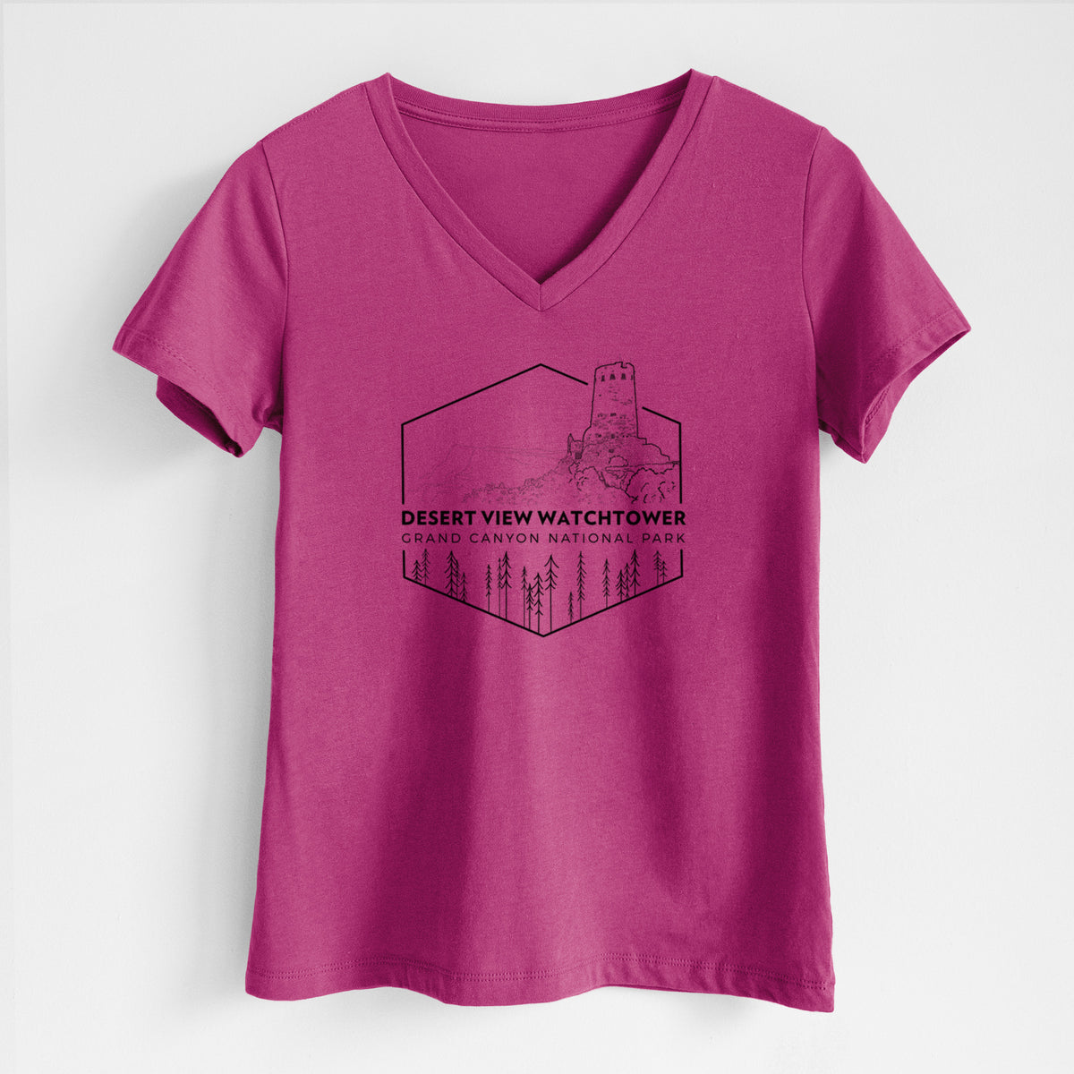 Berry pink women's relaxed fit cotton V-neck t-shirt laid flat, printed with a black line art badge of the Desert View Watchtower above pine trees, with the words Desert View Watchtower, Grand Canyon National Park.