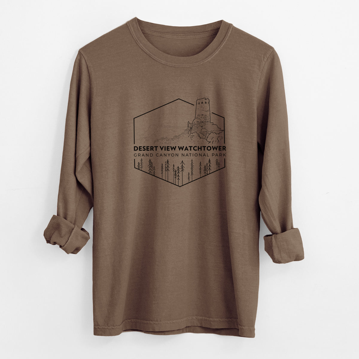 Espresso brown Comfort Colors long sleeve shirt laid flat with the cuffs rolled, printed with a black line art badge of the Desert View Watchtower above pine trees, with the words Desert View Watchtower, Grand Canyon National Park.