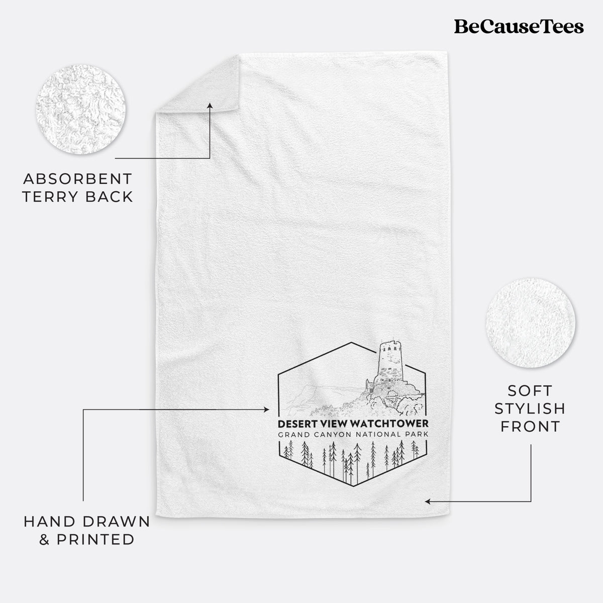 White hand towel printed with a black line art badge of the Desert View Watchtower above pine trees, with the words Desert View Watchtower, Grand Canyon National Park.
