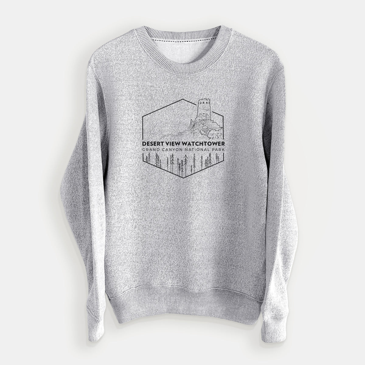 Salt and pepper knit sweatshirt laid flat, printed with a black line art badge of the Desert View Watchtower above pine trees, with the words Desert View Watchtower, Grand Canyon National Park.