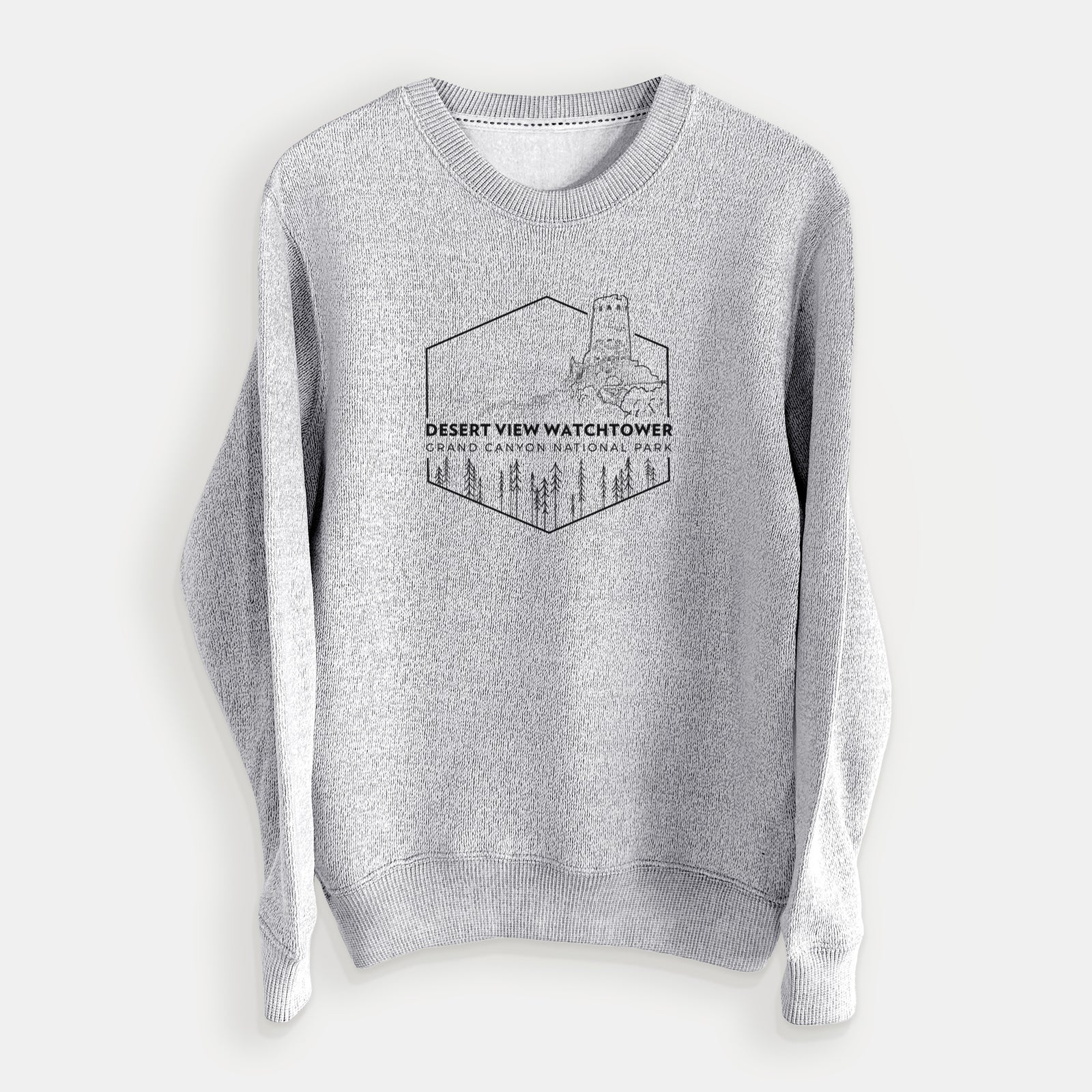 Salt and pepper knit sweatshirt laid flat, printed with a black line art badge of the Desert View Watchtower above pine trees, with the words Desert View Watchtower, Grand Canyon National Park.