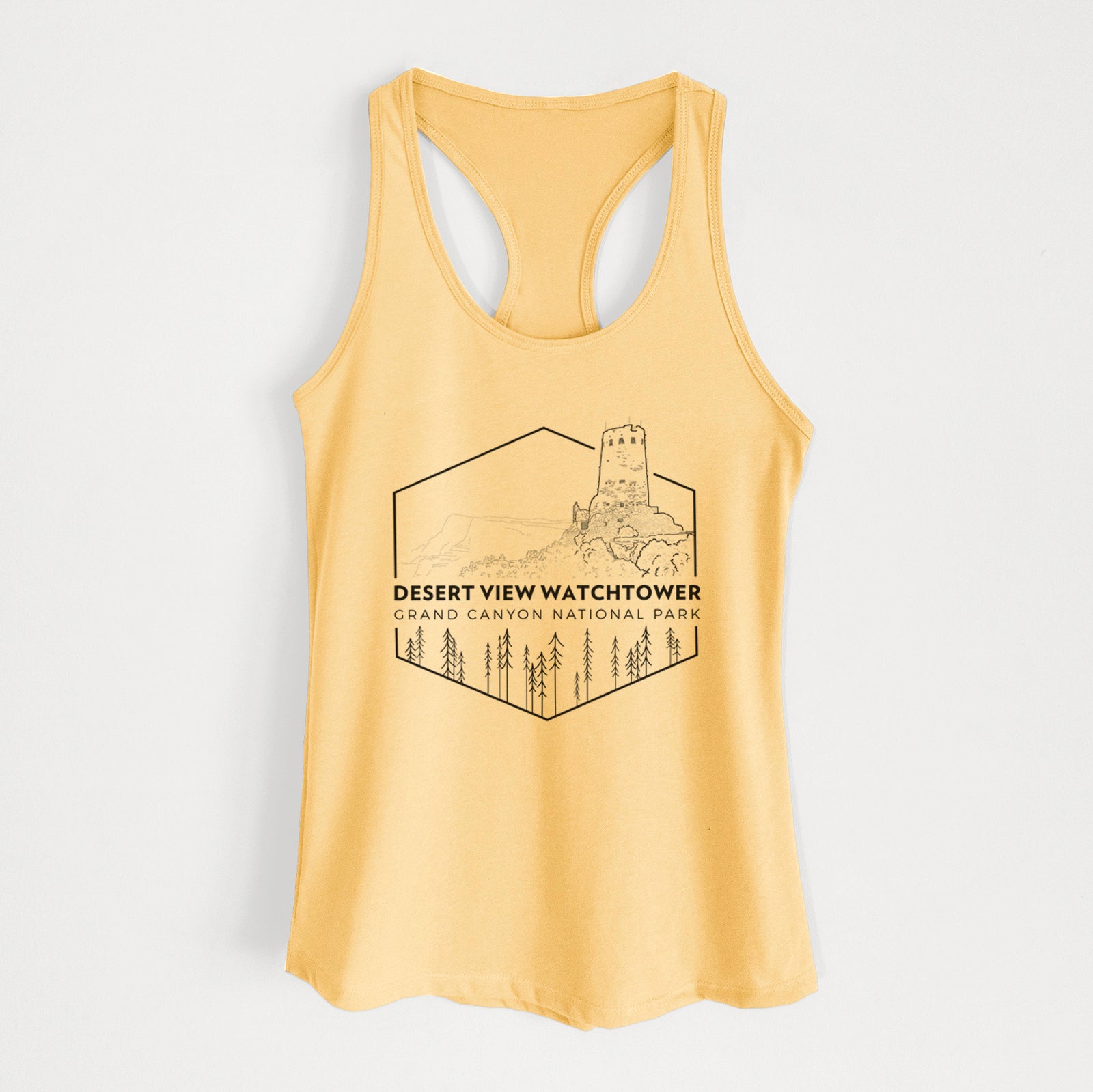 Banana cream women's racerback tank top laid flat, printed with a black line art badge of the Desert View Watchtower above pine trees, with the words Desert View Watchtower, Grand Canyon National Park.