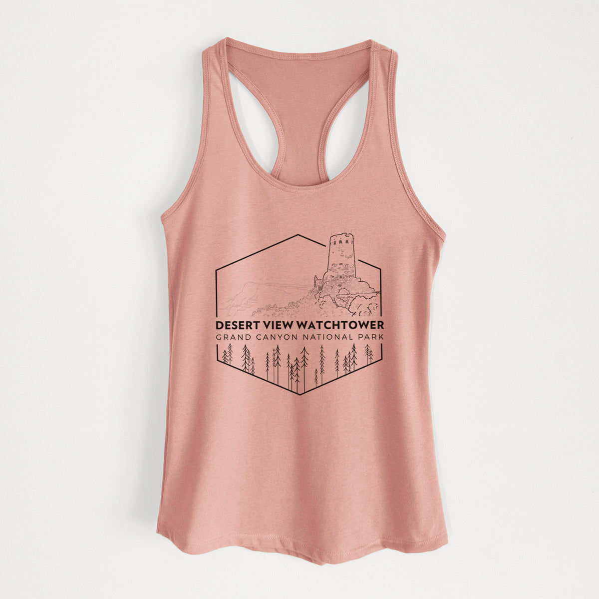 Desert pink women's racerback tank top laid flat, printed with a black line art badge of the Desert View Watchtower above pine trees, with the words Desert View Watchtower, Grand Canyon National Park.