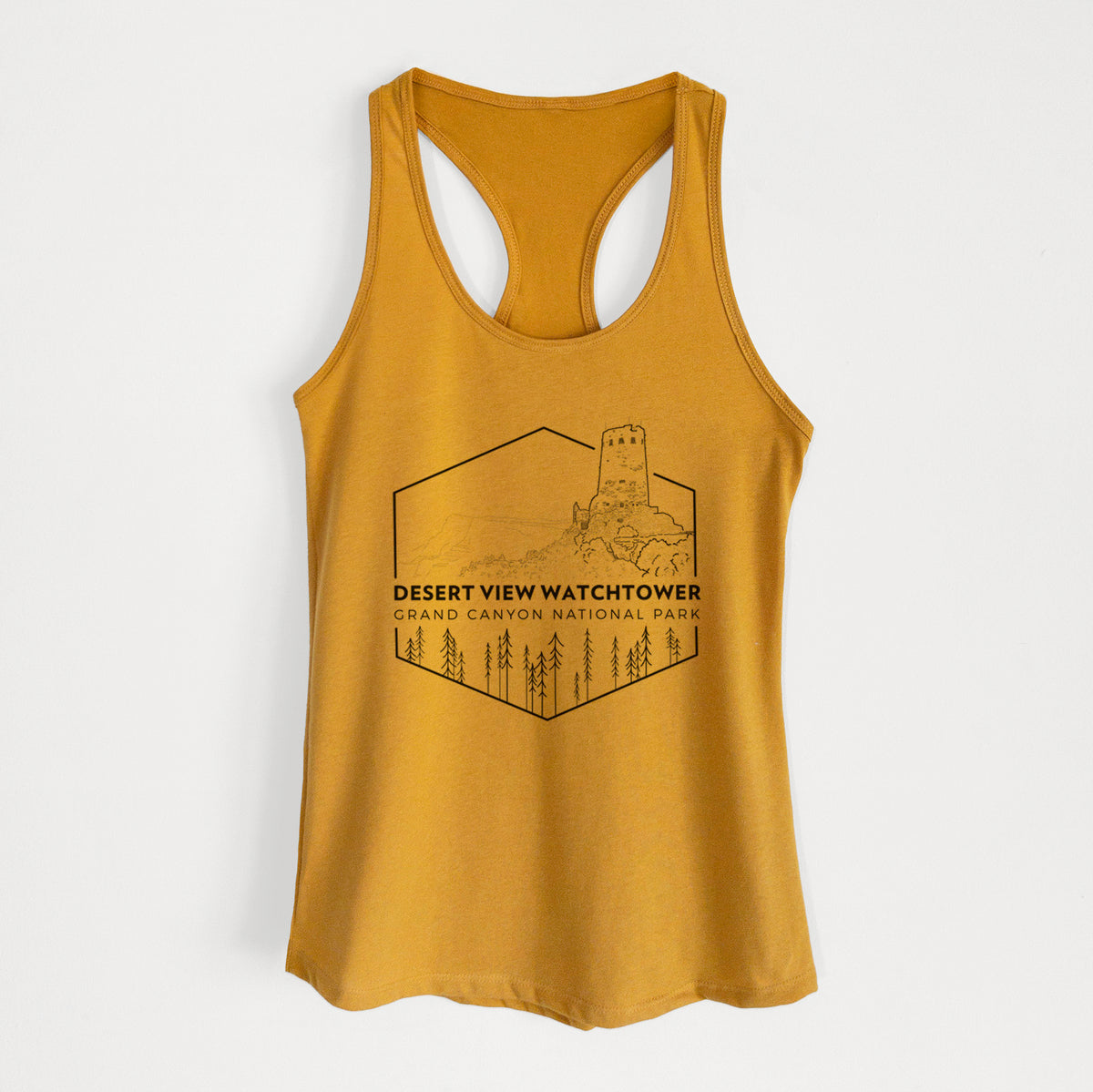 Gold women's racerback tank top laid flat, printed with a black line art badge of the Desert View Watchtower above pine trees, with the words Desert View Watchtower, Grand Canyon National Park.