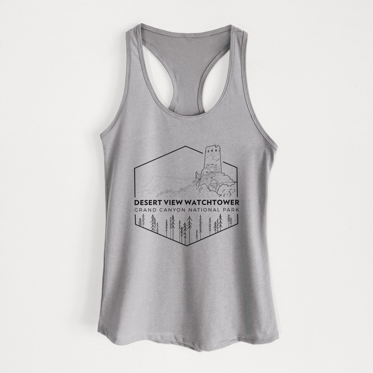 Heather grey women's racerback tank top laid flat, printed with a black line art badge of the Desert View Watchtower above pine trees, with the words Desert View Watchtower, Grand Canyon National Park.