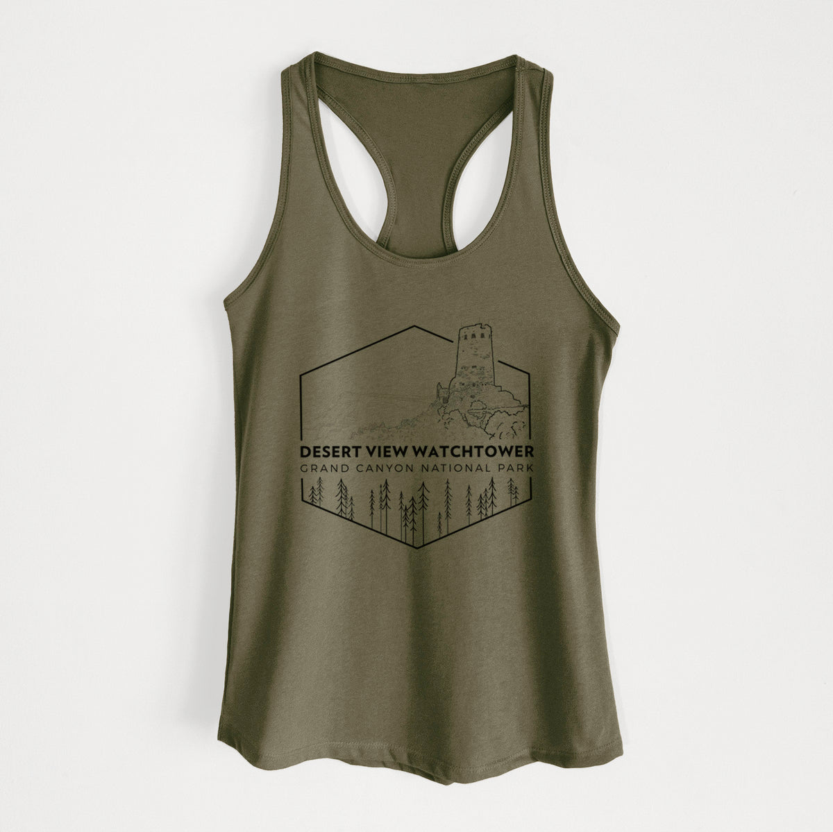 Military green women's racerback tank top laid flat, printed with a black line art badge of the Desert View Watchtower above pine trees, with the words Desert View Watchtower, Grand Canyon National Park.