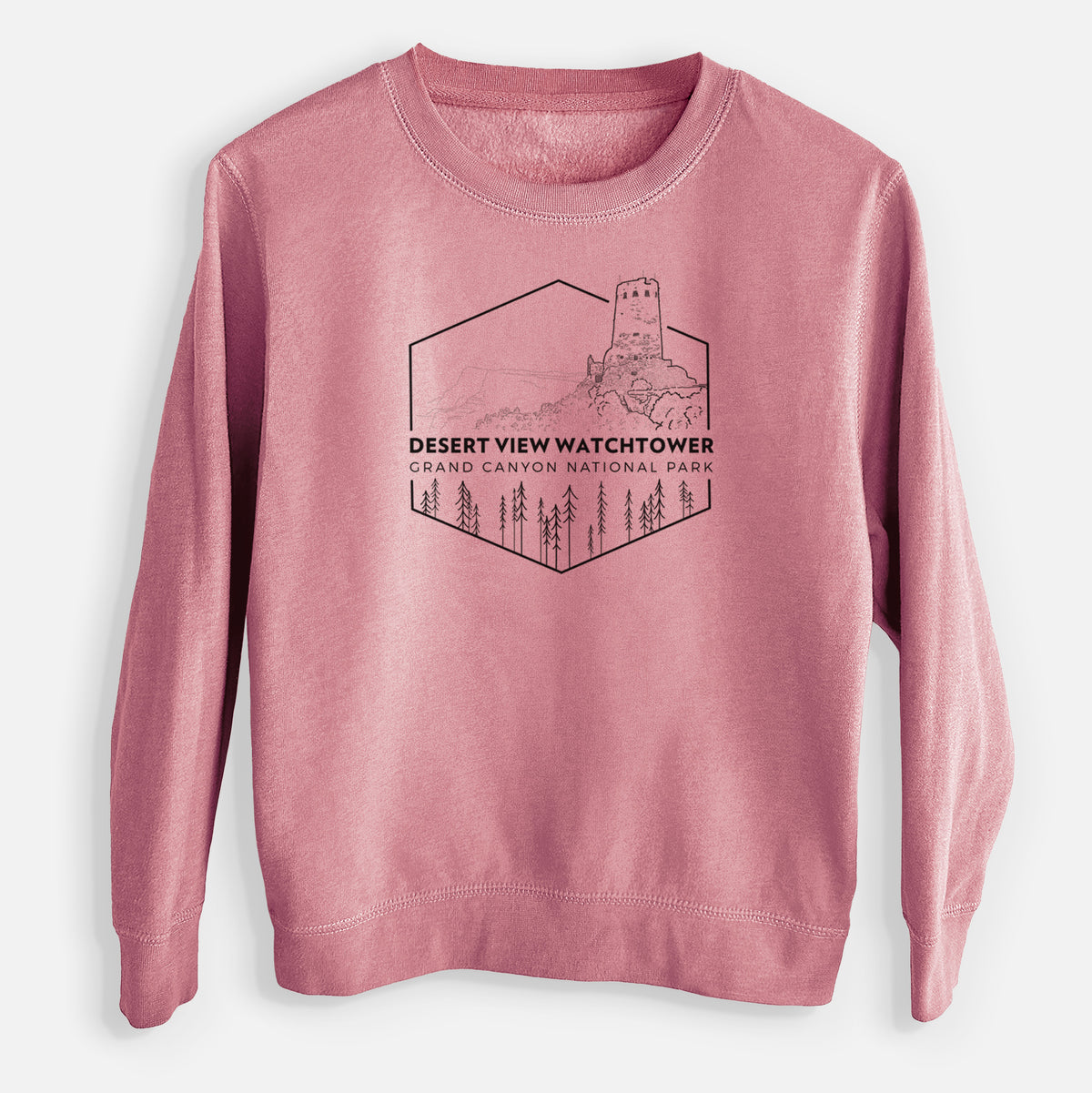 Mauve pink youth crewneck sweatshirt laid flat, printed with a black line art badge of the Desert View Watchtower above pine trees, with the words Desert View Watchtower, Grand Canyon National Park.