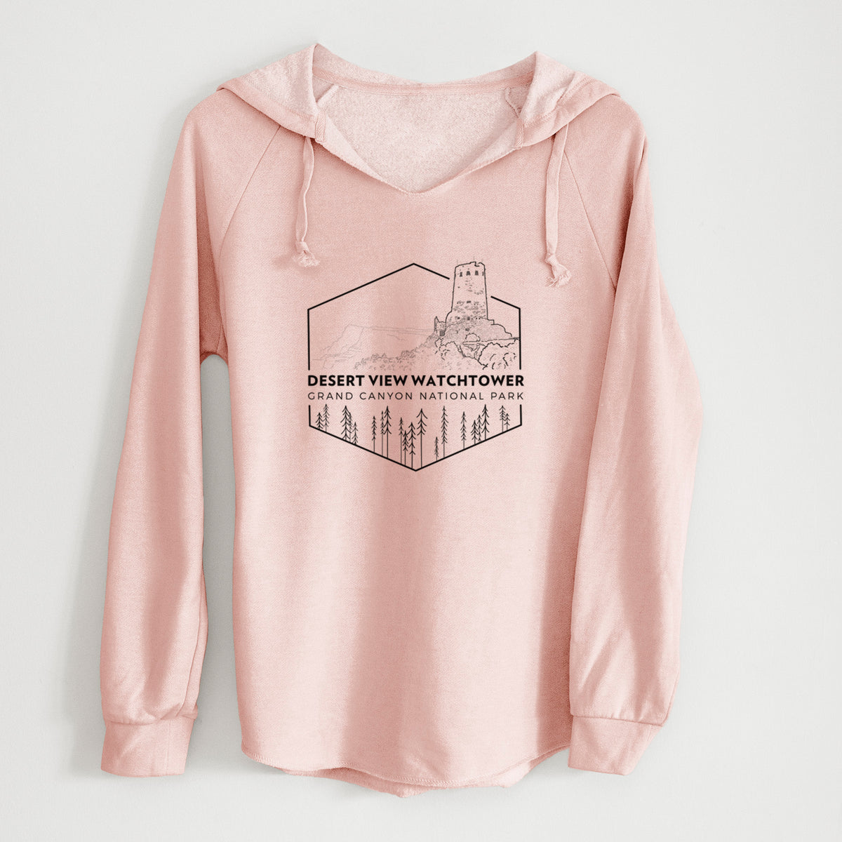 Blush pink women's Cali Wave hooded sweatshirt laid flat, printed with a black line art badge of the Desert View Watchtower above pine trees, with the words Desert View Watchtower, Grand Canyon National Park.