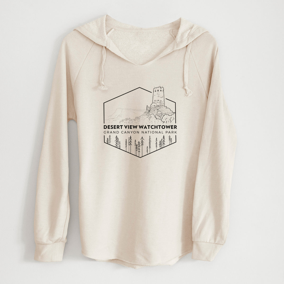 Bone cream women's Cali Wave hooded sweatshirt laid flat, printed with a black line art badge of the Desert View Watchtower above pine trees, with the words Desert View Watchtower, Grand Canyon National Park.