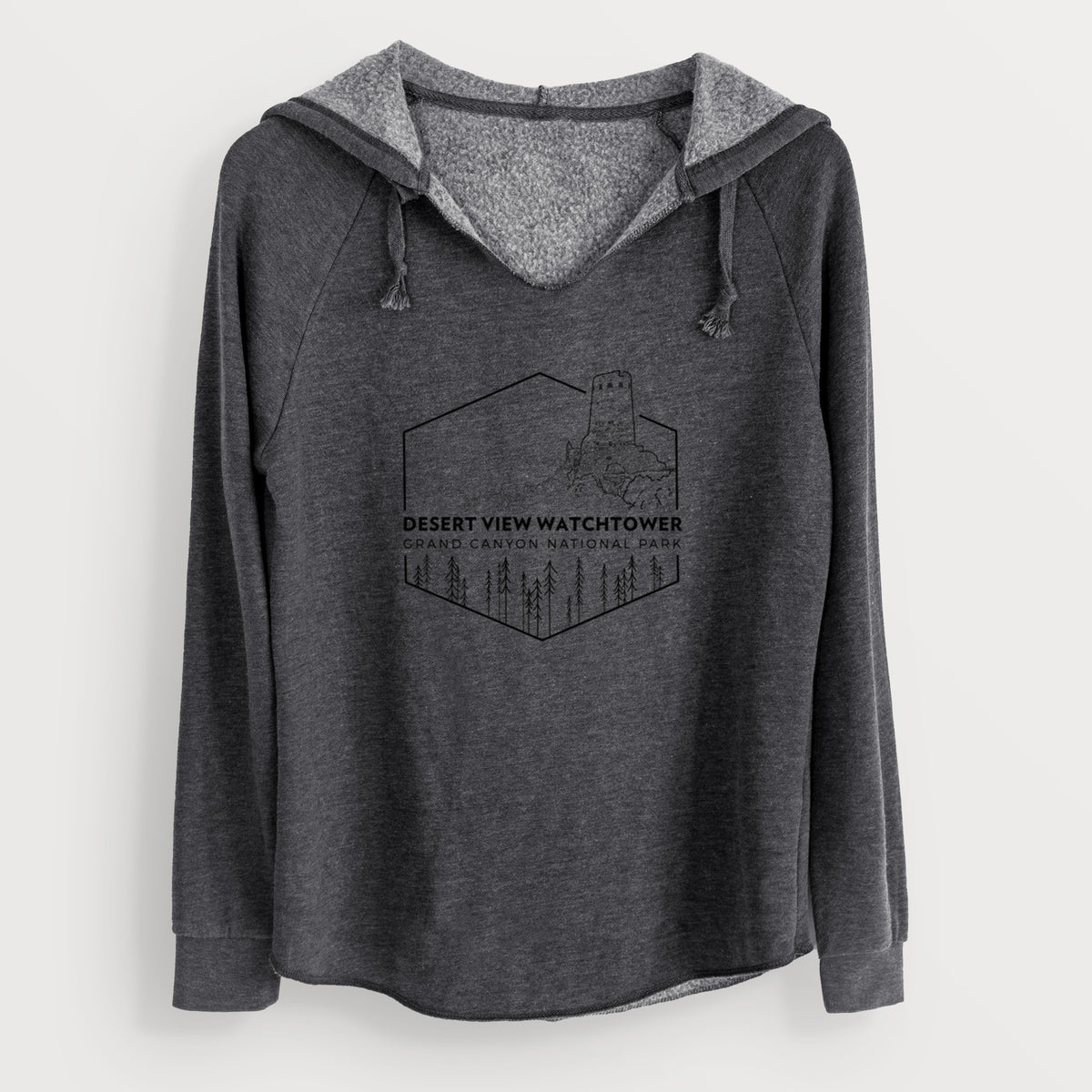 Charcoal grey women's Cali Wave hooded sweatshirt laid flat, printed with a black line art badge of the Desert View Watchtower above pine trees, with the words Desert View Watchtower, Grand Canyon National Park.