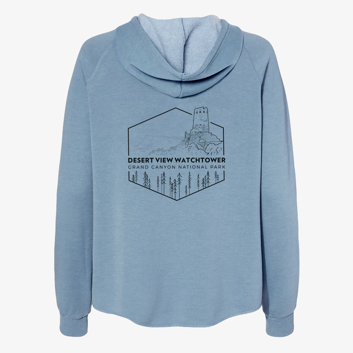 Misty blue women's Cali Wave zip-up sweatshirt laid flat, printed with a black line art badge of the Desert View Watchtower above pine trees, with the words Desert View Watchtower, Grand Canyon National Park.