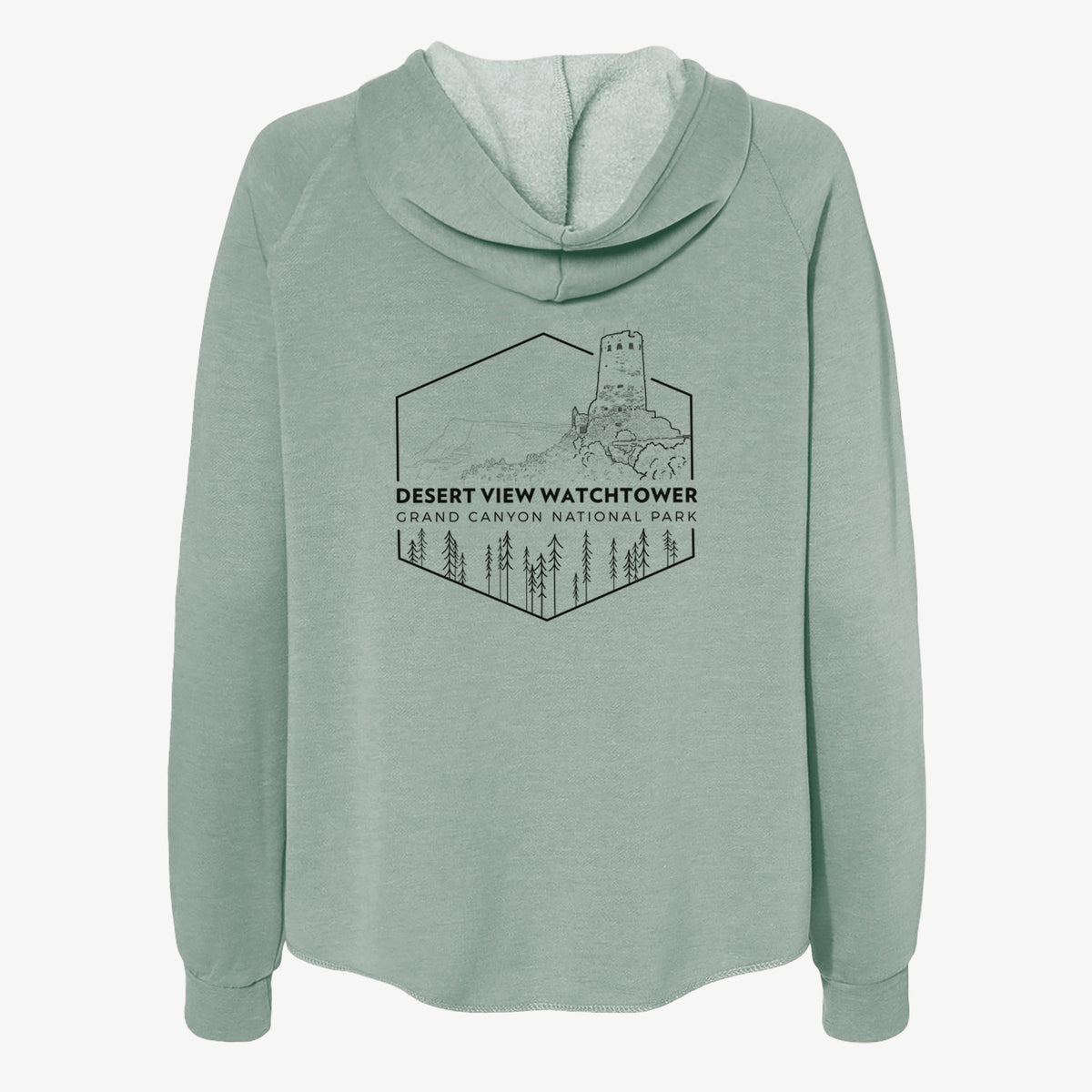 Sage green women's Cali Wave zip-up sweatshirt laid flat, printed with a black line art badge of the Desert View Watchtower above pine trees, with the words Desert View Watchtower, Grand Canyon National Park.