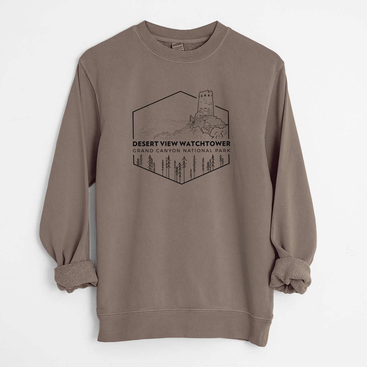 Desert View Watchtower - Grand Canyon National Park - Unisex Pigment Dyed Crew Sweatshirt in Espresso Brown Color