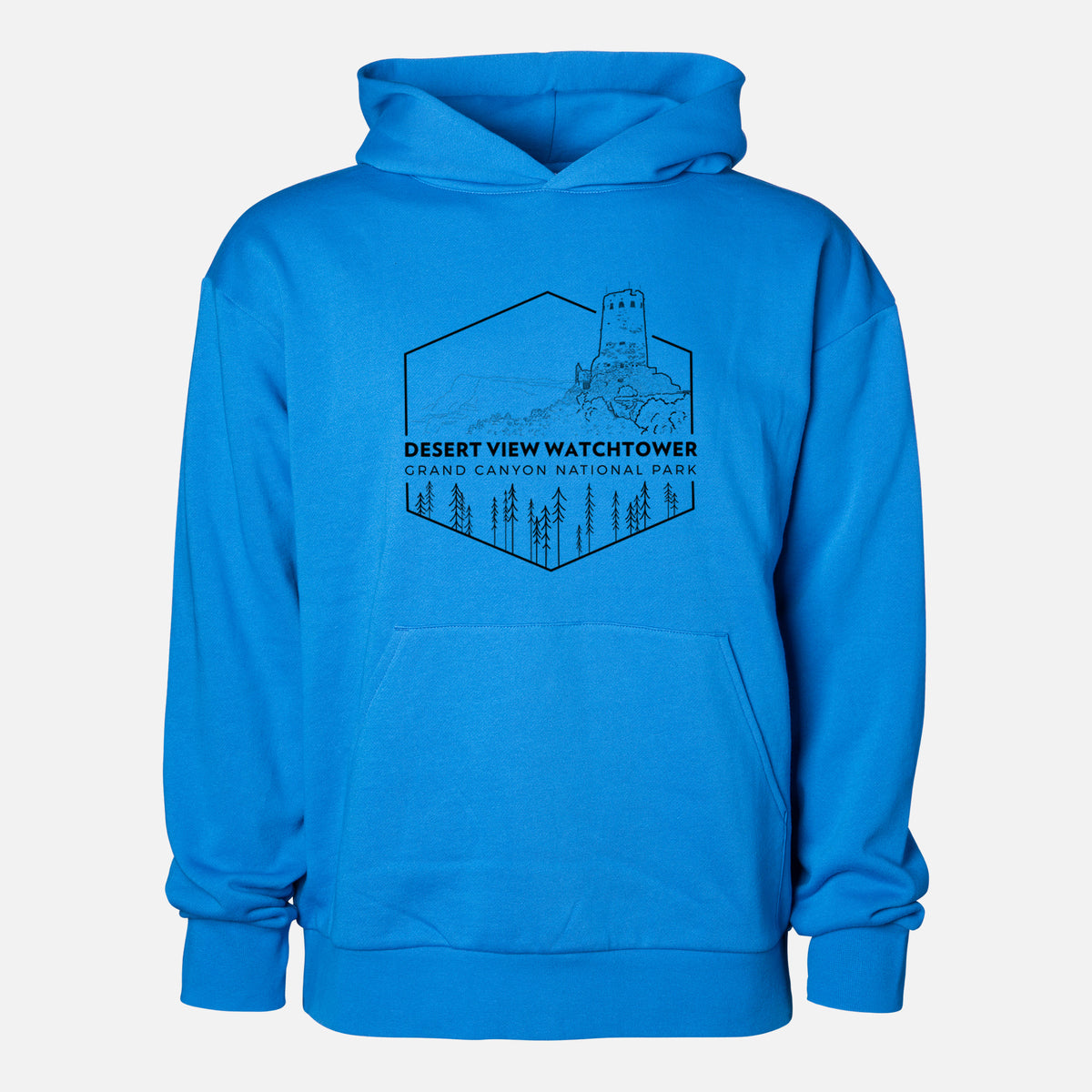 Desert View Watchtower - Grand Canyon National Park - Statement Midweight Hoodie in Azure Blue, shown from the front with the design printed on the chest above a front kangaroo pocket.