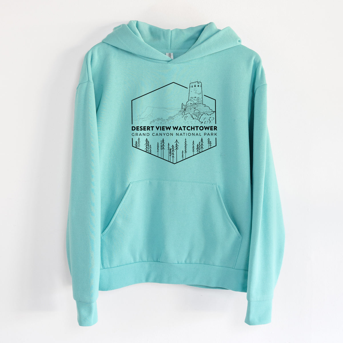 Desert View Watchtower - Grand Canyon National Park - Statement Midweight Hoodie in Seafoam, hanging on a white wall, with a front kangaroo pocket and no drawcords.