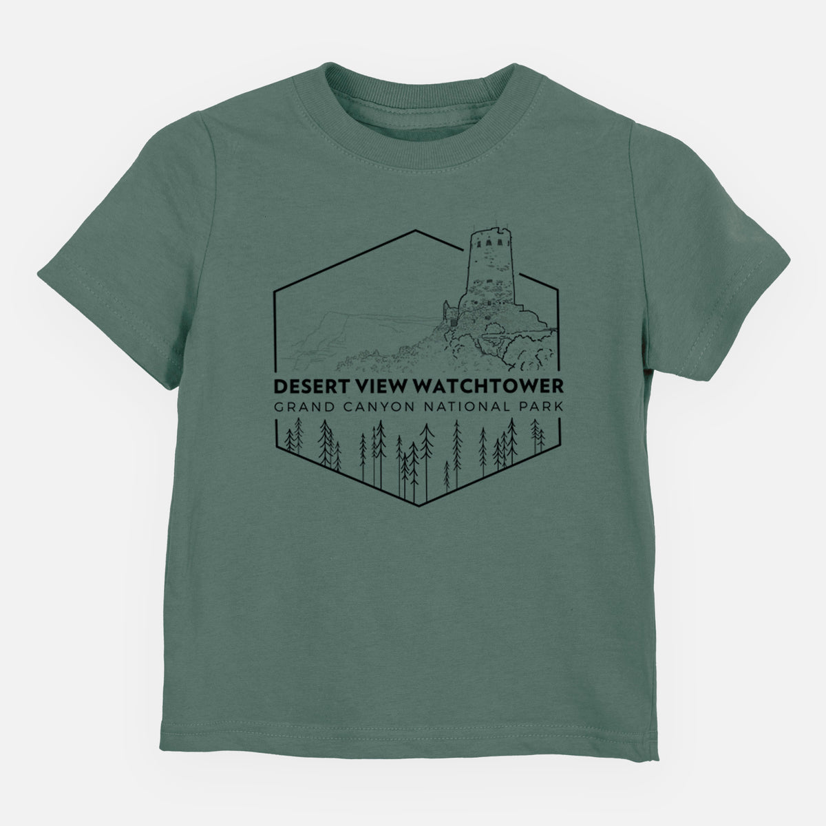 Basil green toddler t-shirt laid flat, printed with a black line art badge of the Desert View Watchtower above pine trees, with the words Desert View Watchtower, Grand Canyon National Park.
