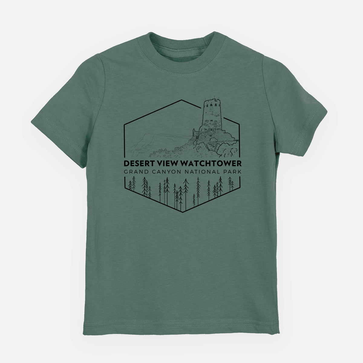 Basil green youth t-shirt laid flat, printed with a black line art badge of the Desert View Watchtower above pine trees, with the words Desert View Watchtower, Grand Canyon National Park.