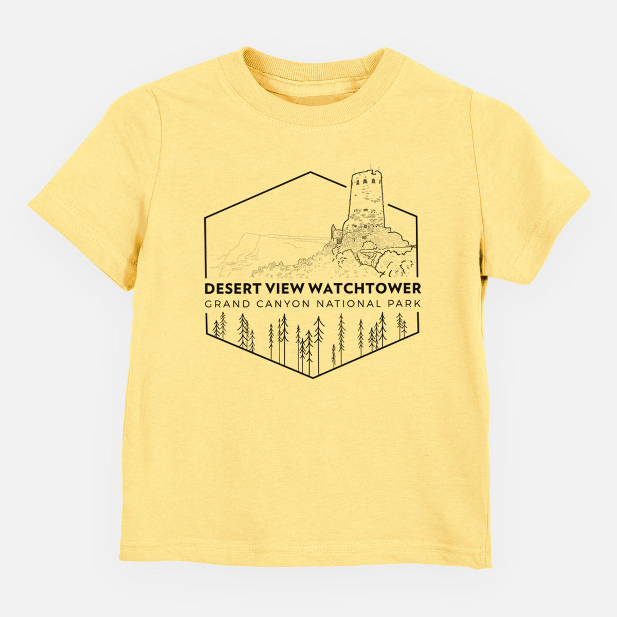 Butter yellow toddler t-shirt laid flat, printed with a black line art badge of the Desert View Watchtower above pine trees, with the words Desert View Watchtower, Grand Canyon National Park.