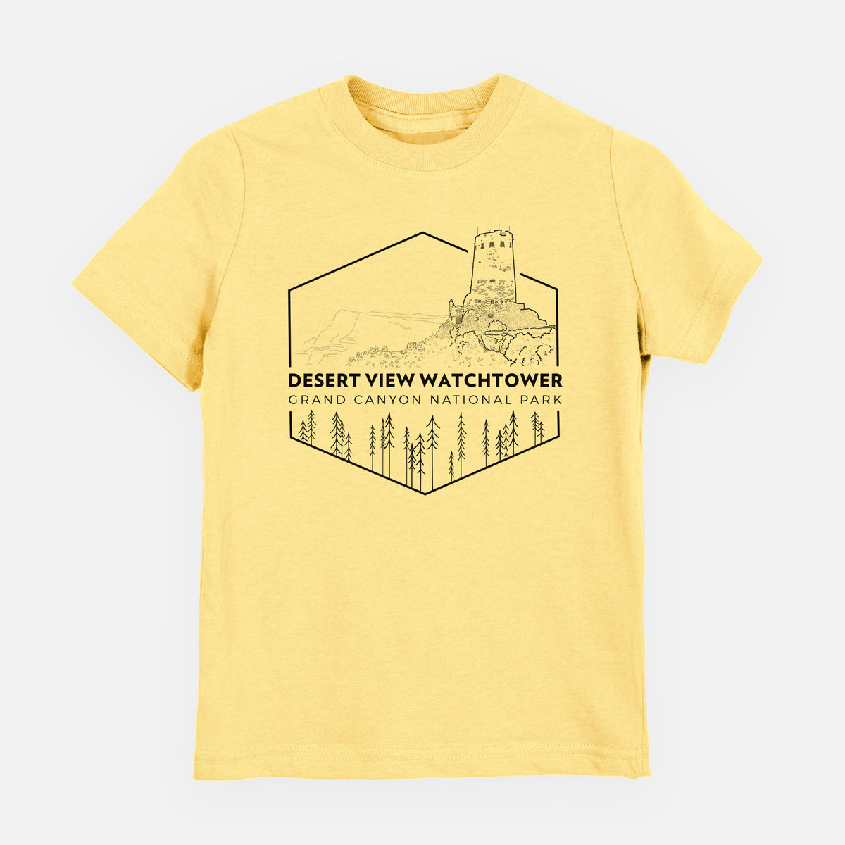 Butter yellow youth t-shirt laid flat, printed with a black line art badge of the Desert View Watchtower above pine trees, with the words Desert View Watchtower, Grand Canyon National Park.