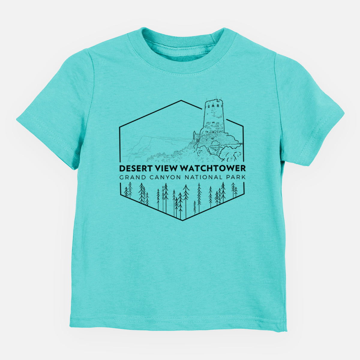 Caribbean blue toddler t-shirt laid flat, printed with a black line art badge of the Desert View Watchtower above pine trees, with the words Desert View Watchtower, Grand Canyon National Park.