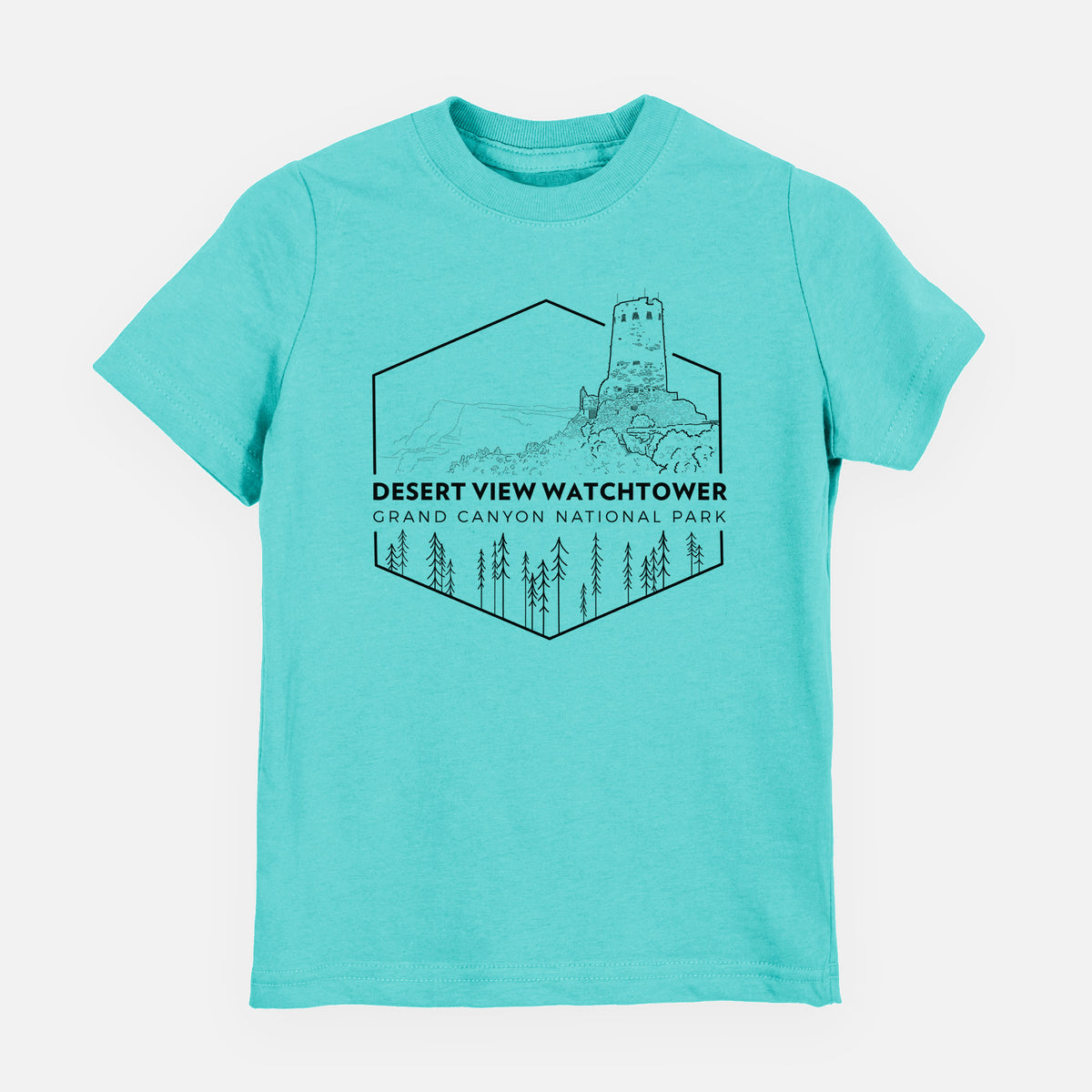 Caribbean blue youth t-shirt laid flat, printed with a black line art badge of the Desert View Watchtower above pine trees, with the words Desert View Watchtower, Grand Canyon National Park.
