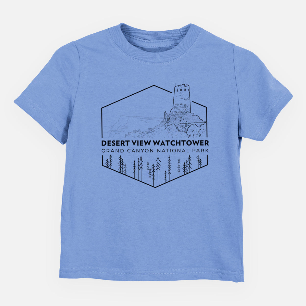 Carolina blue toddler t-shirt laid flat, printed with a black line art badge of the Desert View Watchtower above pine trees, with the words Desert View Watchtower, Grand Canyon National Park.