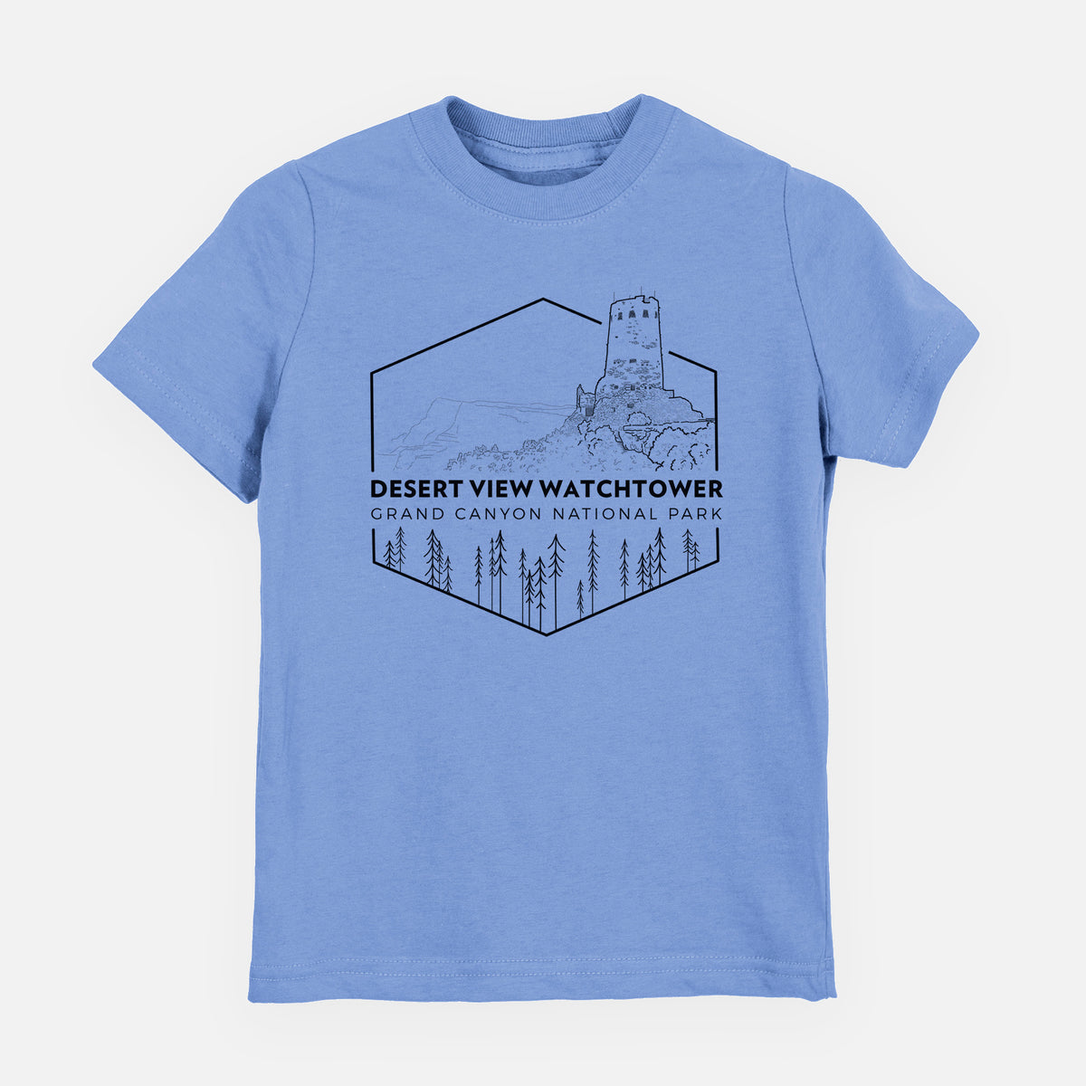 Carolina blue youth t-shirt laid flat, printed with a black line art badge of the Desert View Watchtower above pine trees, with the words Desert View Watchtower, Grand Canyon National Park.
