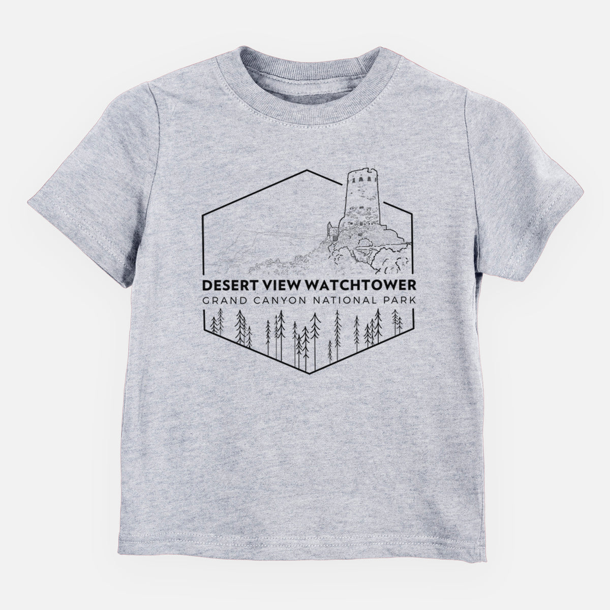 Heather grey toddler t-shirt laid flat, printed with a black line art badge of the Desert View Watchtower above pine trees, with the words Desert View Watchtower, Grand Canyon National Park.