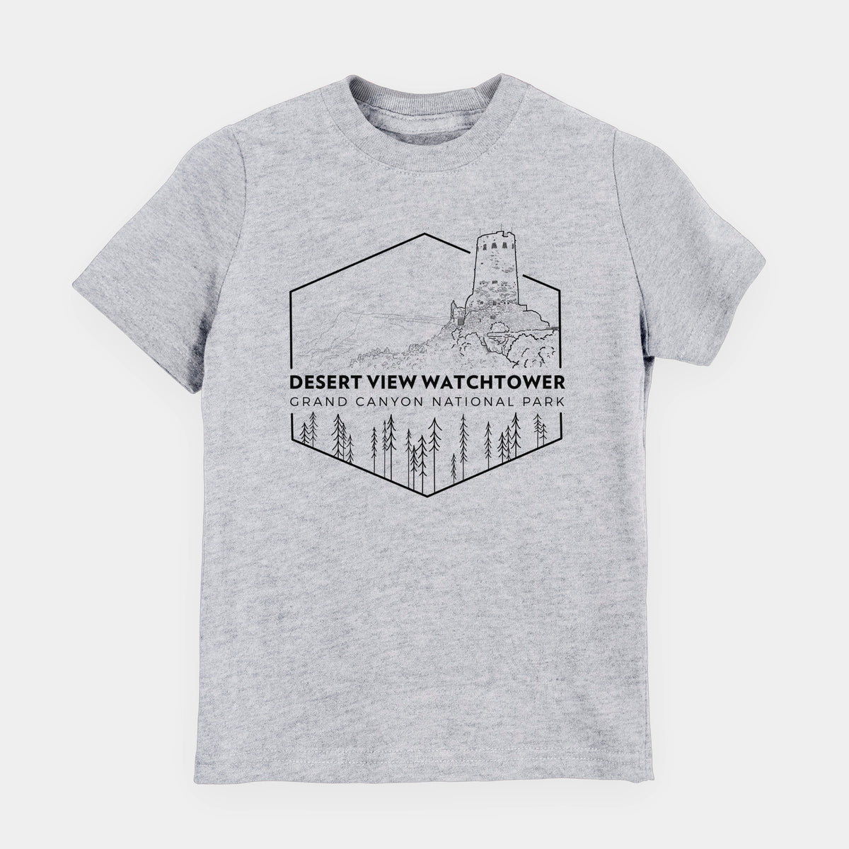 Heather grey youth t-shirt laid flat, printed with a black line art badge of the Desert View Watchtower above pine trees, with the words Desert View Watchtower, Grand Canyon National Park.