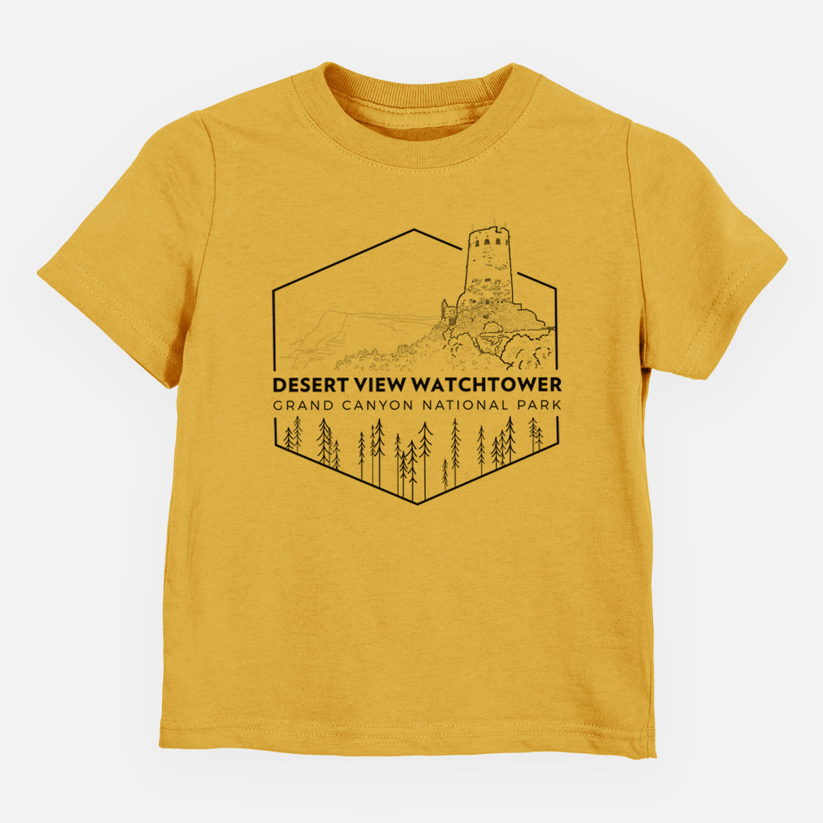 Honeycomb yellow toddler t-shirt laid flat, printed with a black line art badge of the Desert View Watchtower above pine trees, with the words Desert View Watchtower, Grand Canyon National Park.