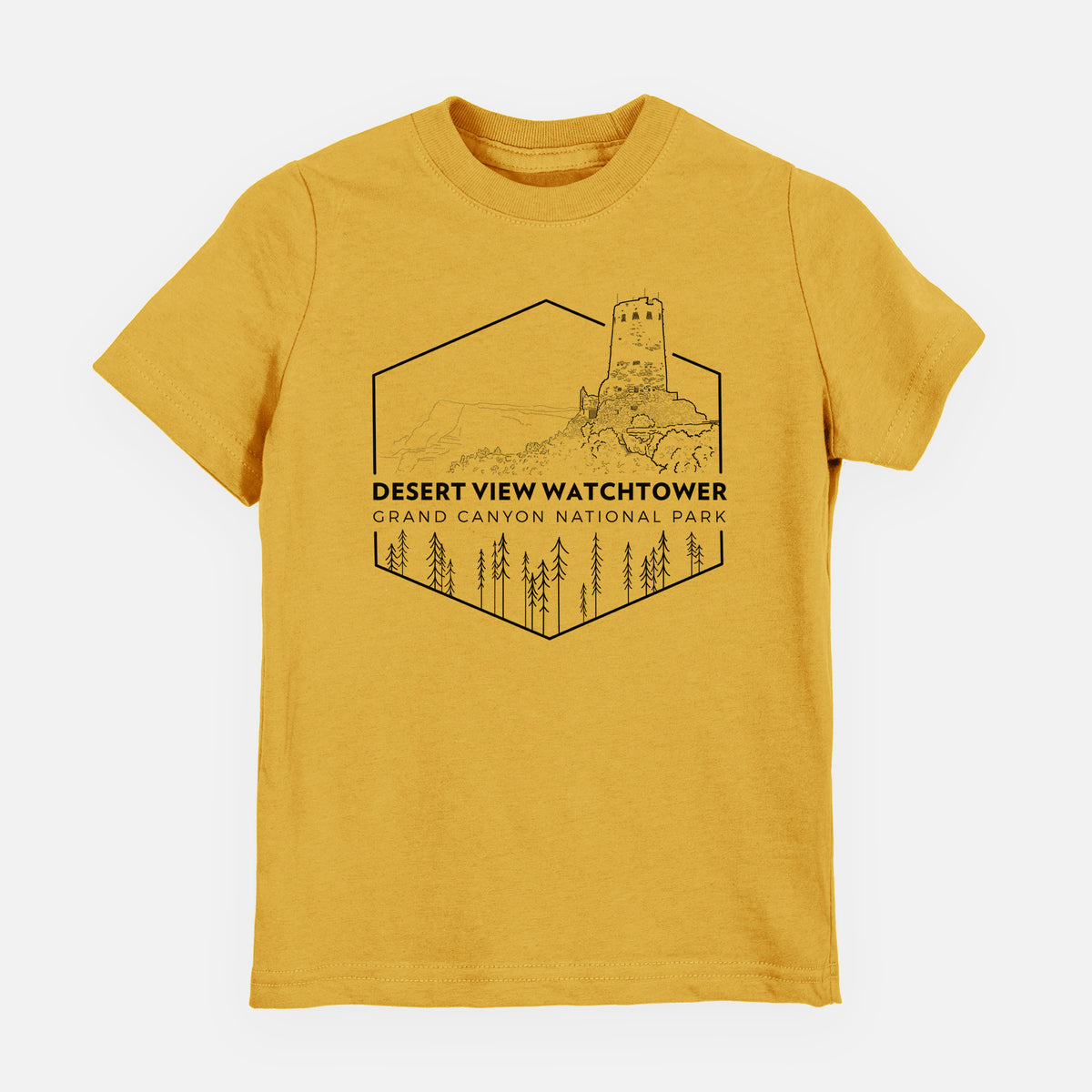Honeycomb yellow youth t-shirt laid flat, printed with a black line art badge of the Desert View Watchtower above pine trees, with the words Desert View Watchtower, Grand Canyon National Park.