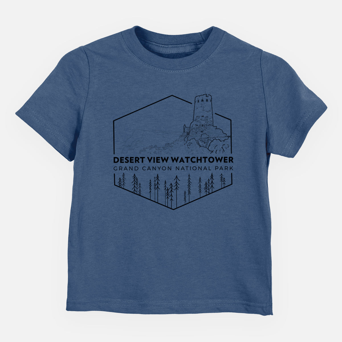 Indigo blue toddler t-shirt laid flat, printed with a black line art badge of the Desert View Watchtower above pine trees, with the words Desert View Watchtower, Grand Canyon National Park.