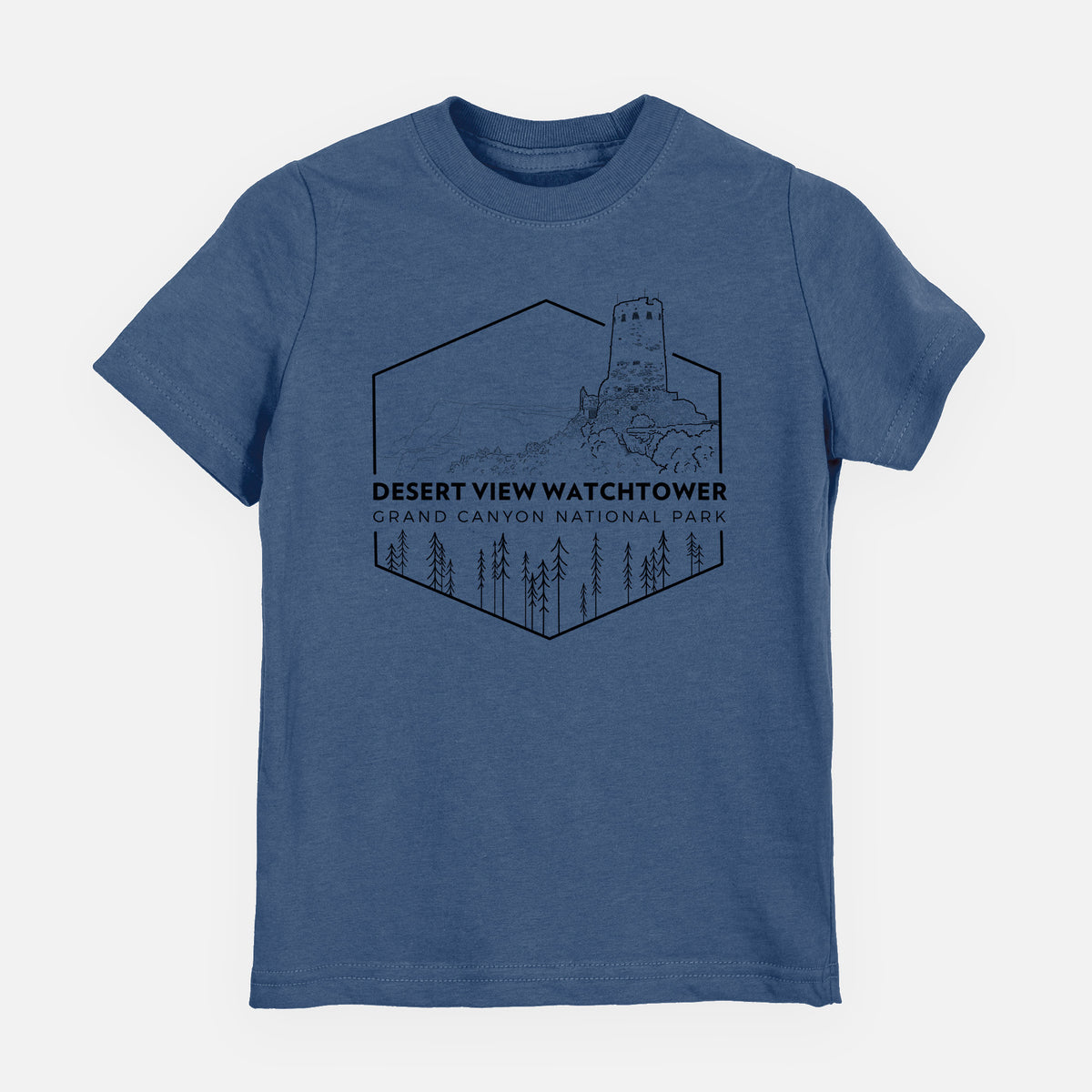 Indigo blue youth t-shirt laid flat, printed with a black line art badge of the Desert View Watchtower above pine trees, with the words Desert View Watchtower, Grand Canyon National Park.