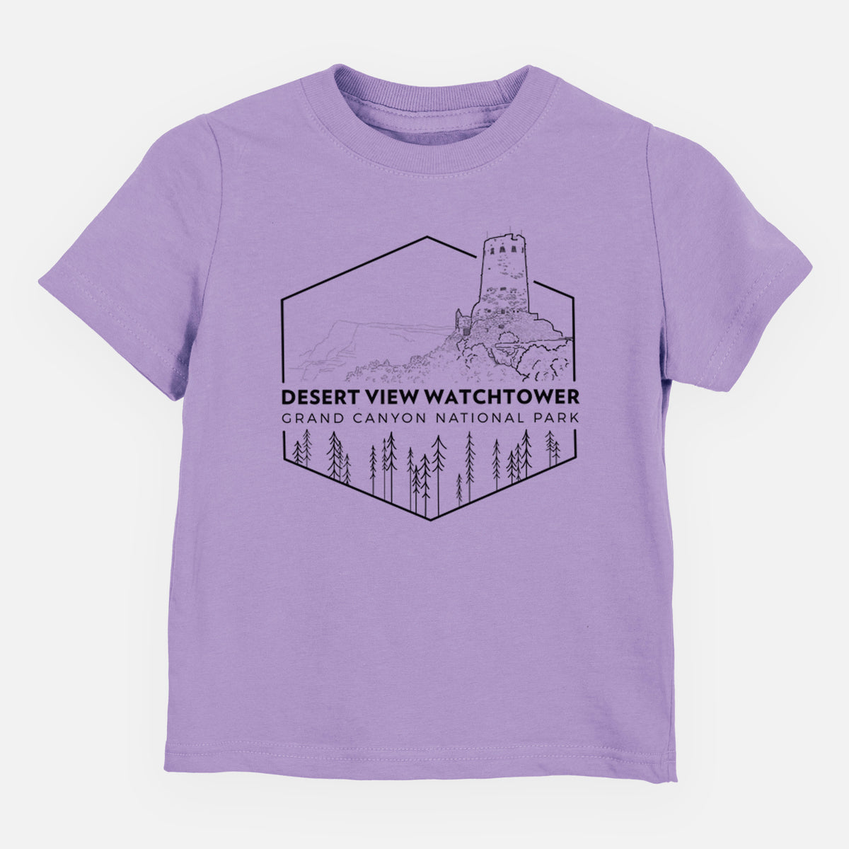 Lavender toddler t-shirt laid flat, printed with a black line art badge of the Desert View Watchtower above pine trees, with the words Desert View Watchtower, Grand Canyon National Park.